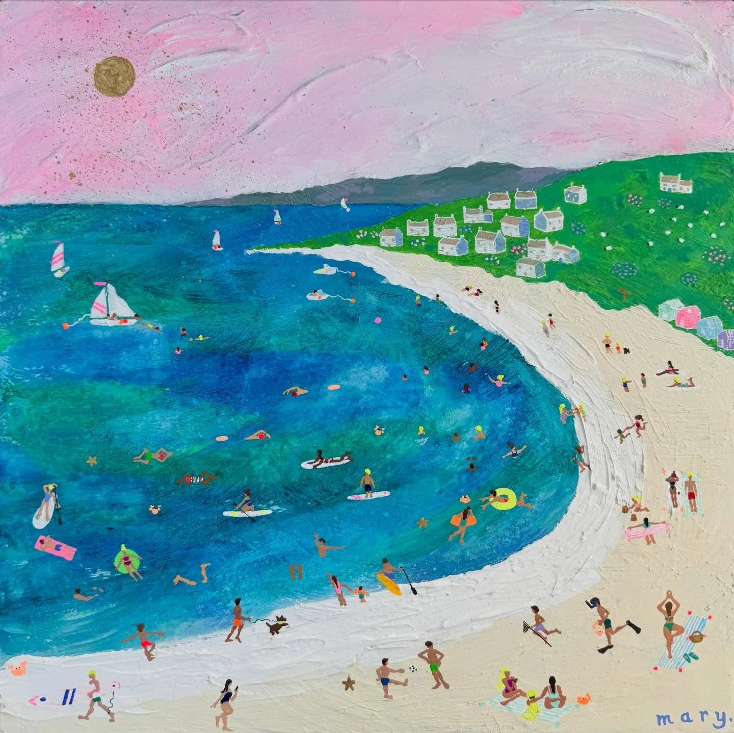 &rsquo;The Bay&rsquo; ☀️ 🏖️ 🏄&zwj;♀️ 

A newbie bay painting full of happy little people drenched in warm sunlight, loosely based on the beautiful bays of Cornwall with their little whitewashed buildings, sailing boats and beach goers ✨ 

Thank you