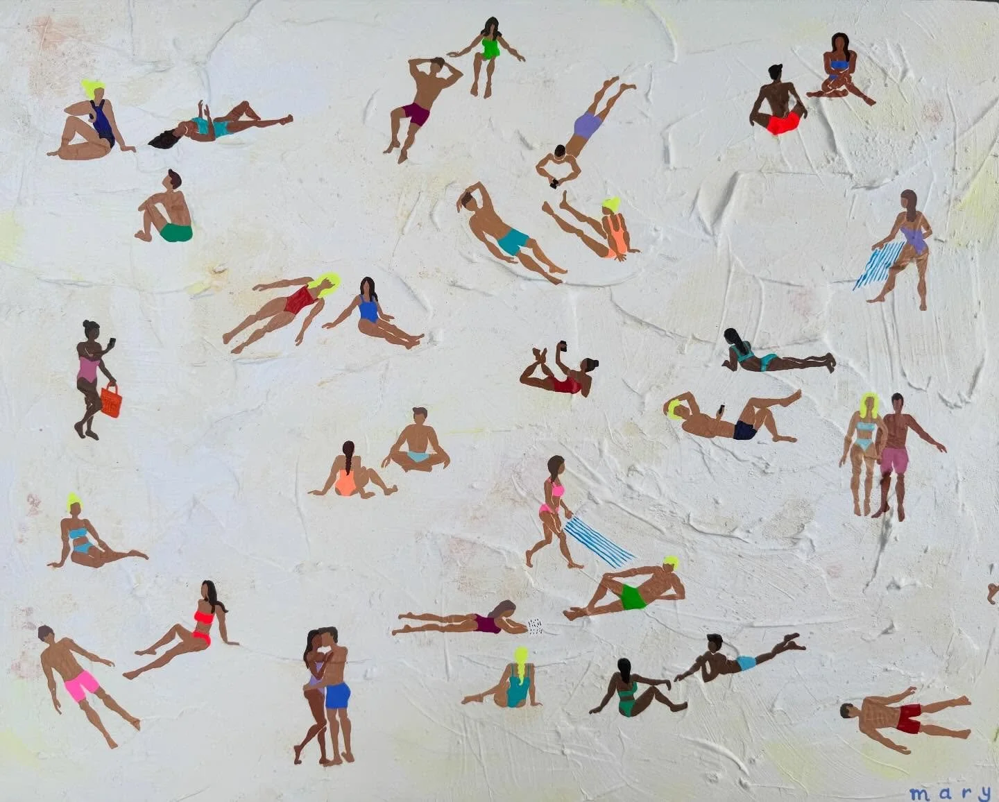 The more miserable the weather here, the more my paintbrushes head towards the sun and paint the simple clean lines of happy little beach people ☀️ 🏖️ 😎 

&lsquo;Sunbaked&rsquo;
Mixed acrylics on wood panel.
40cm x 50cm

#sunbathers #beach #figurat