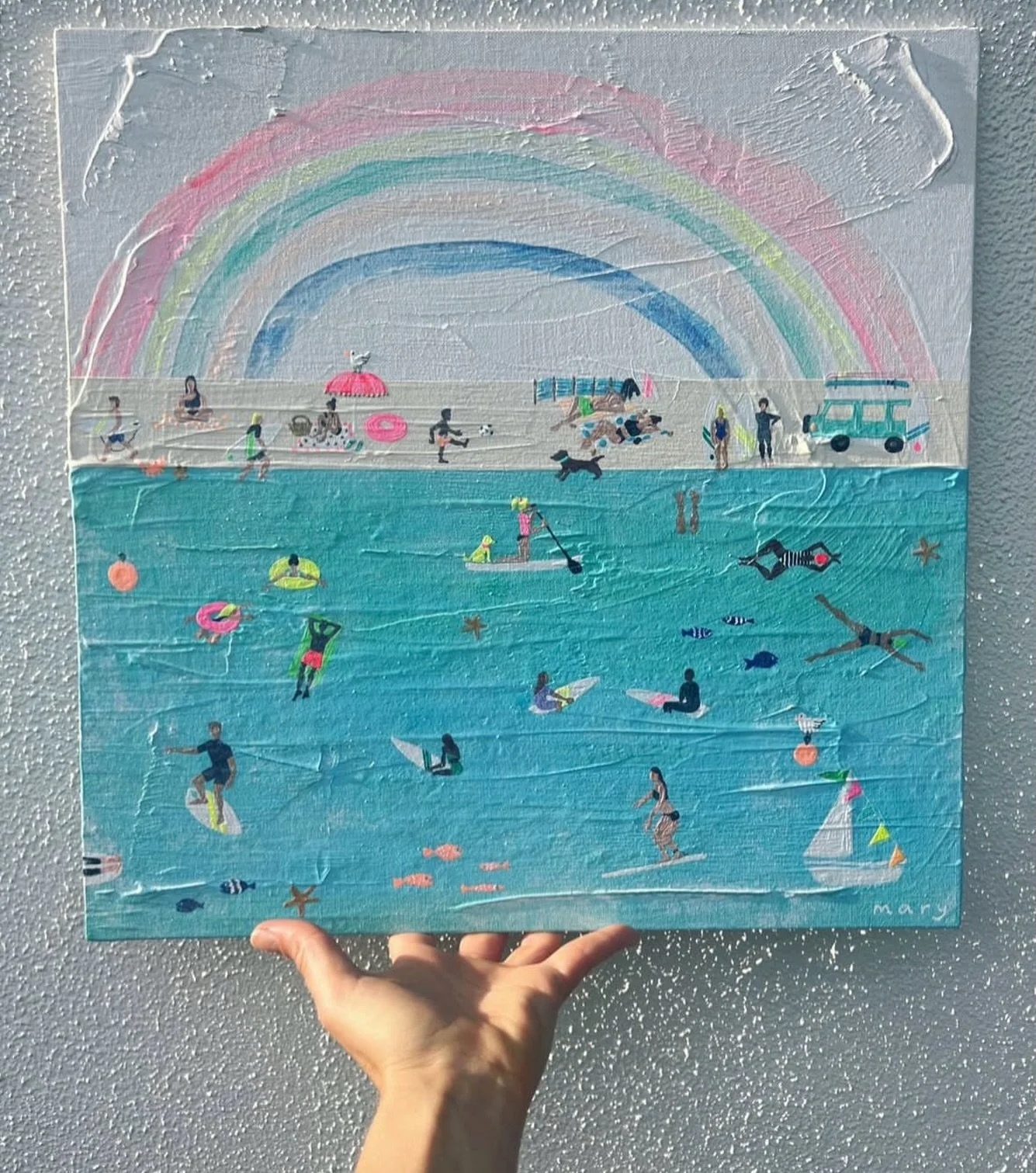 A feel-good golden-oldie! 🌈 🍦 🦩 🛼

#beachart #artwork #rainbow #beach #beachpainting