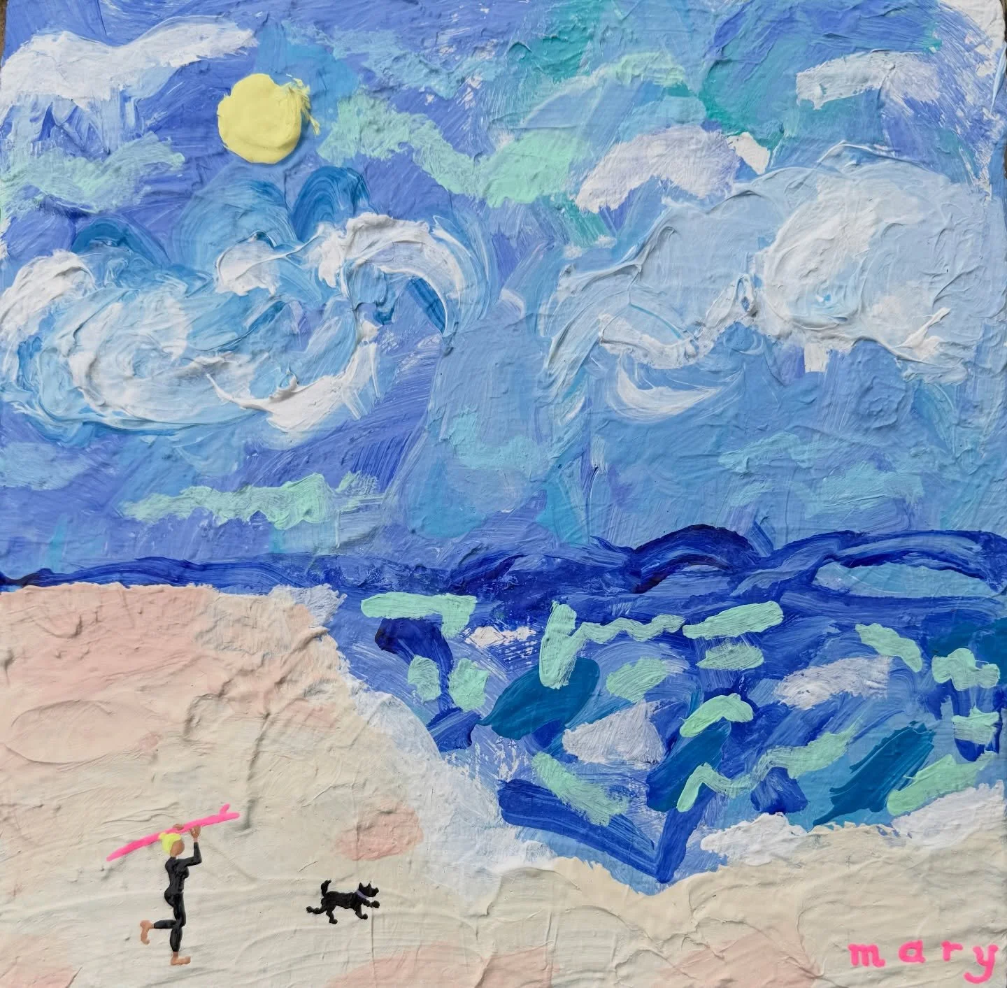 Our local beach felt like it was back to it&rsquo;s bright shimmery self this weekend so I scribbled the feeling down in paint and added a surfer and her dog for good measure 🎀🩴

#beach #beachart #surf #surfer #impasto