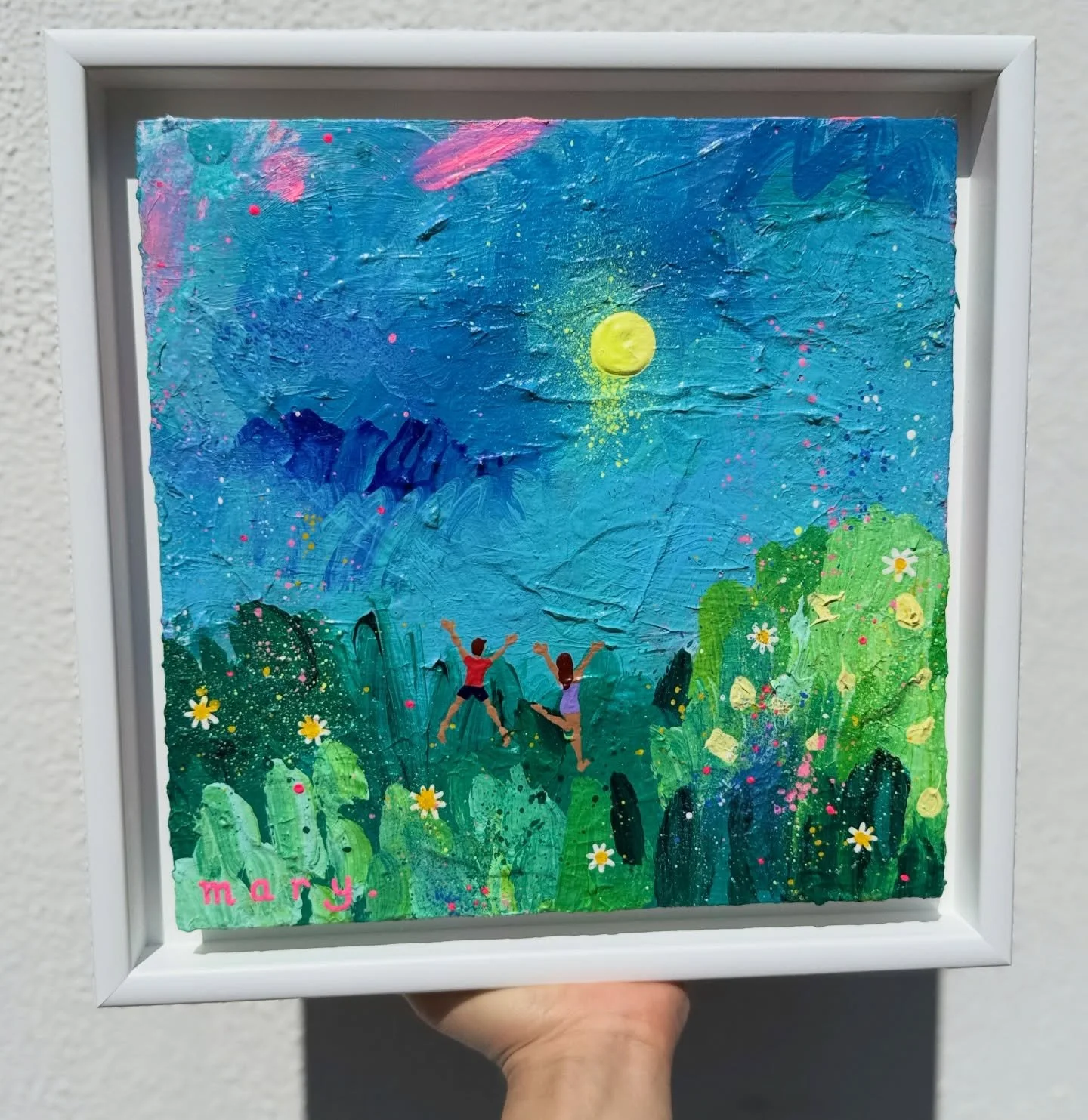 Is there a spot in your home that needs a little square of Mary sunshine? 😎

This one is very bright and cheery and like all of my artwork, a great antidote to all things heavy and bleak in the world 🌎 

&lsquo;We Love Spring This Much!&rsquo; 🌸☀️