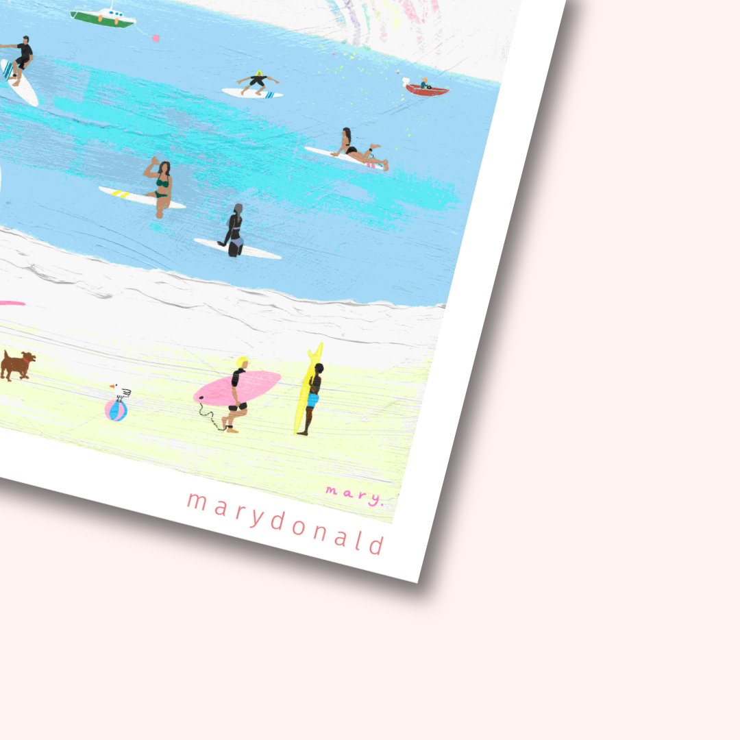 Mary Donald surfing Giclee art print -pastel colour square art print