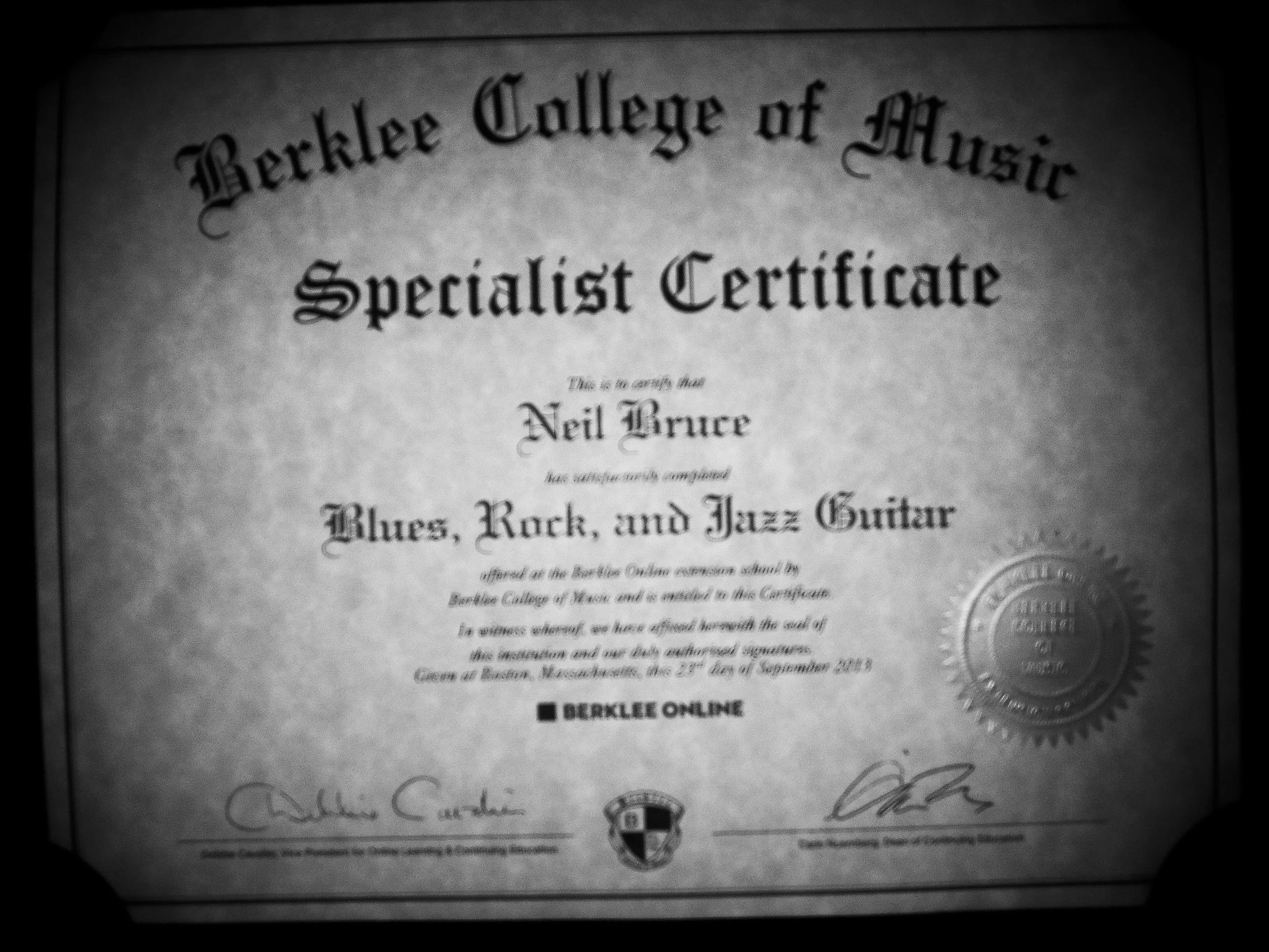 Berklee Specialist Certificate in Blues, Rock and Jazz guitar