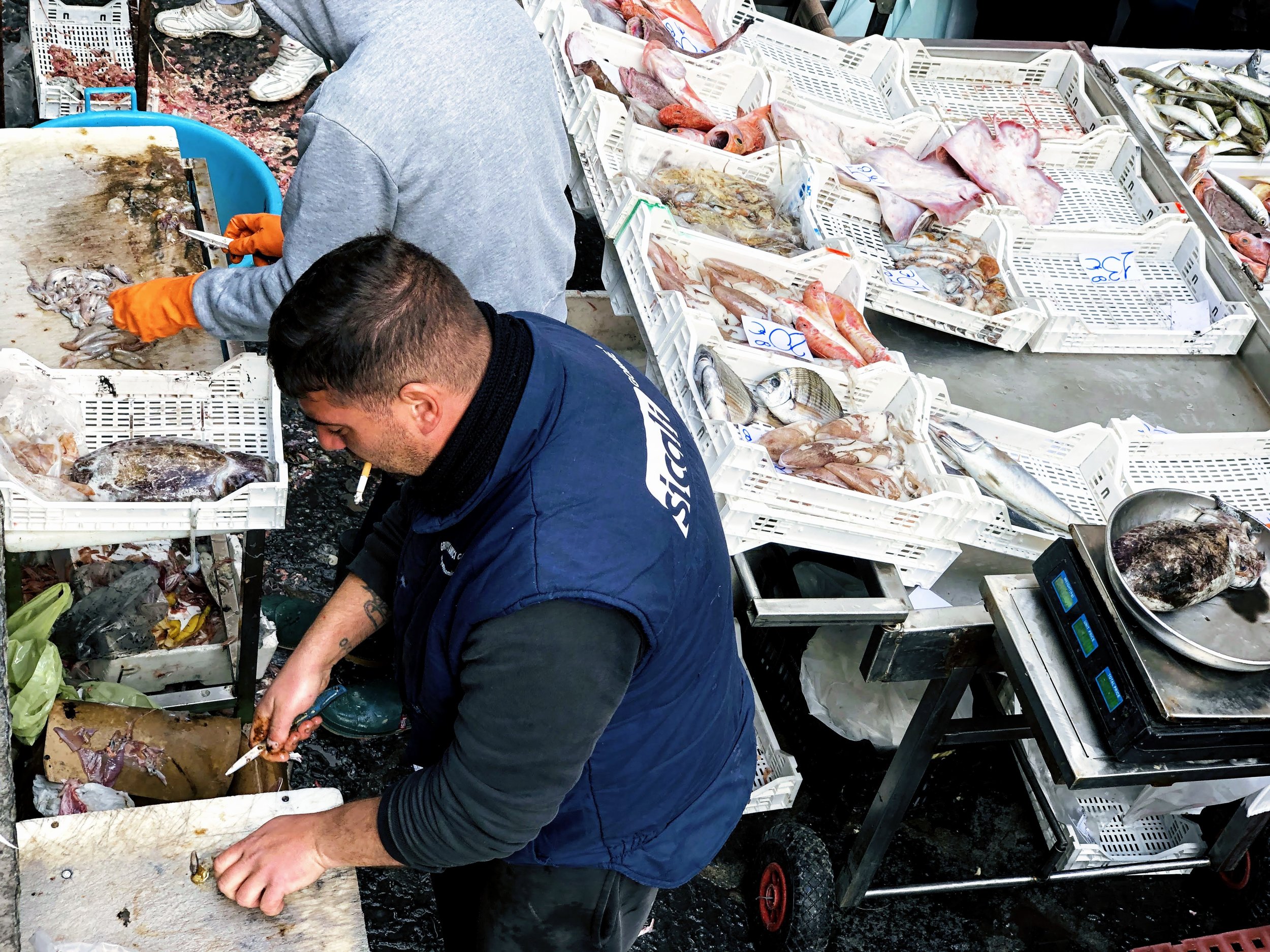 Fish stands at the fish market in Catania, Sicily