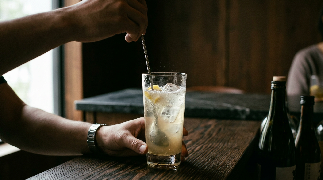 sakes highball being stirred in the glass