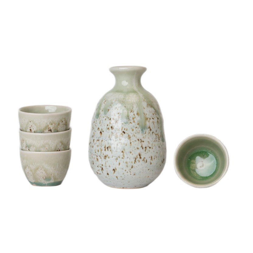 Green Drip Glaze Sake Set with Four Cups