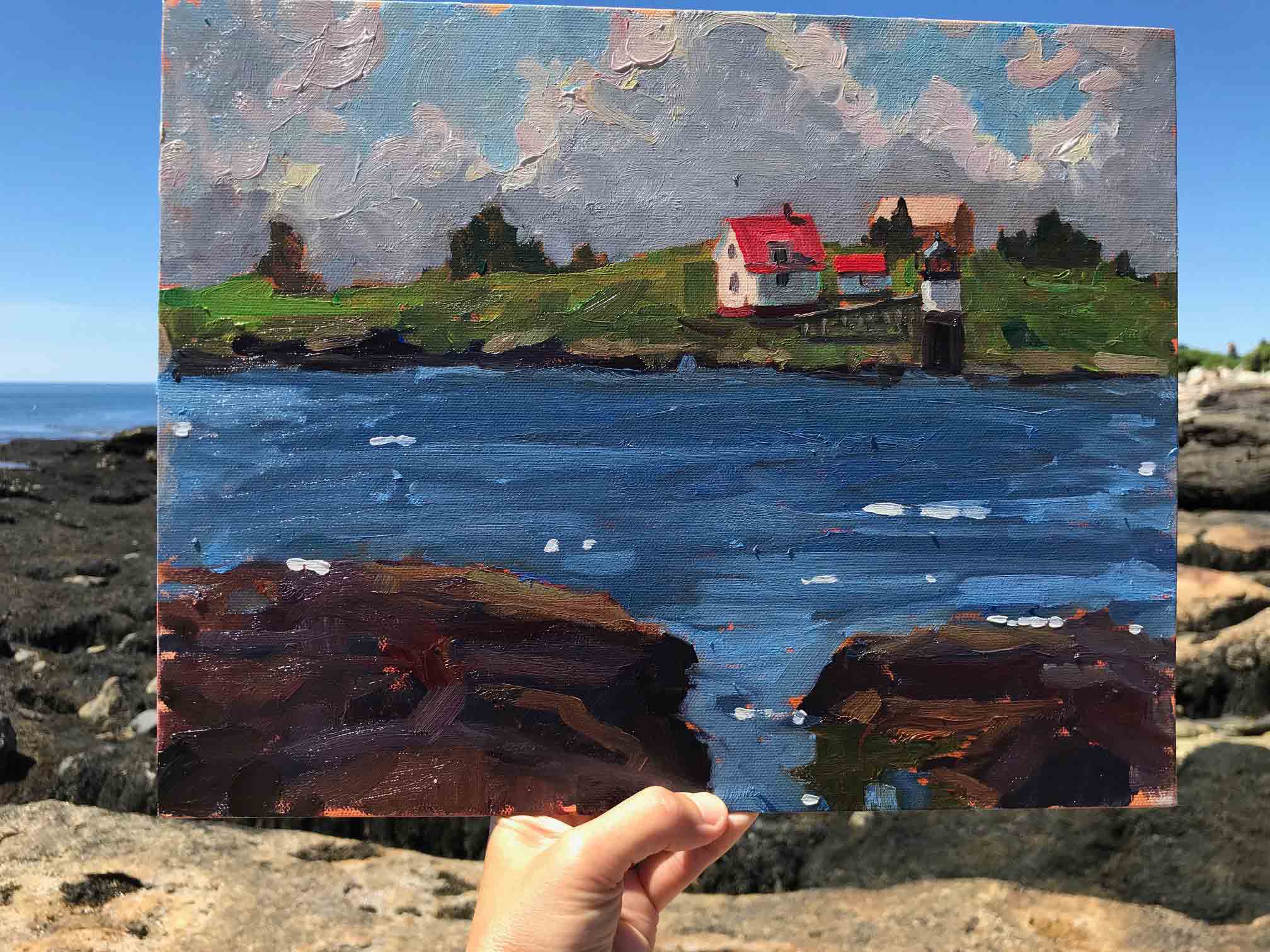 Brad’s plein air painting “Ram Island Light”