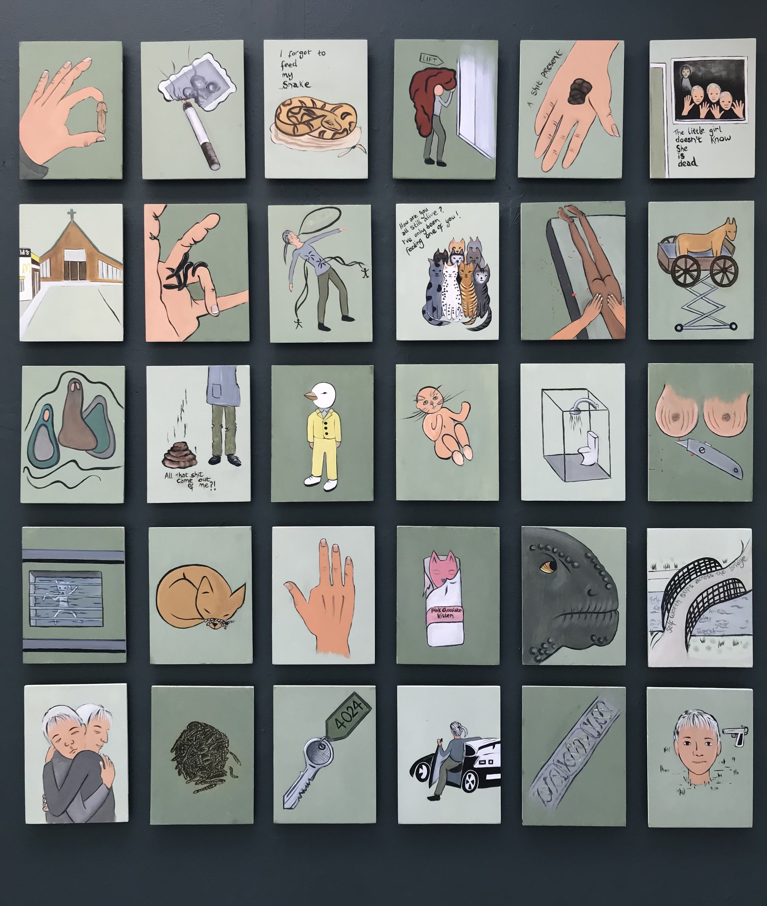 Grid of small panel paintings in oil that depicts aspects of dreams. They are dream fragments. Sage green back ground. Very shrigley.