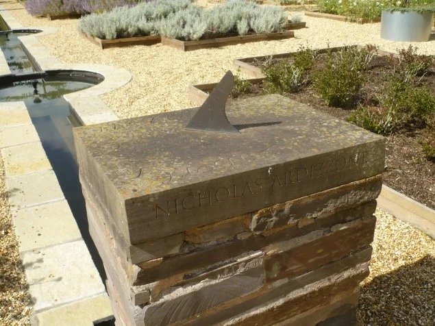 Will and Lottie O’Leary, Sundial 2009, Memorial to Nicholas Ardizzone 1939-2004, Herefordshire Sandstone and brass gnomon