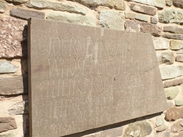 Tom Perkins, Journeying Air 2010, Herefordshire Sandstone. Text Brian Keeble