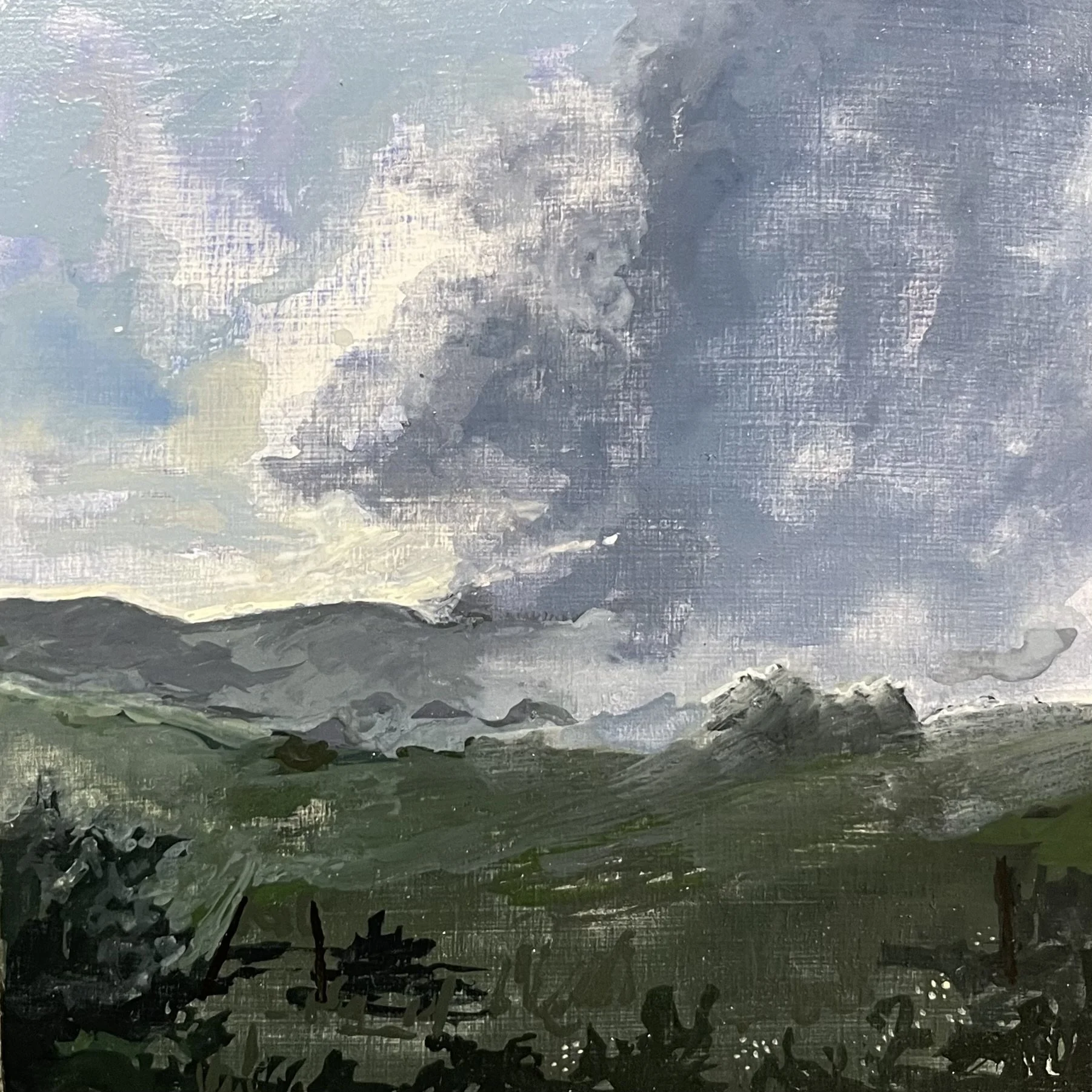 Fields and Fog - 4" x 4" - (gouache on panel) - $95