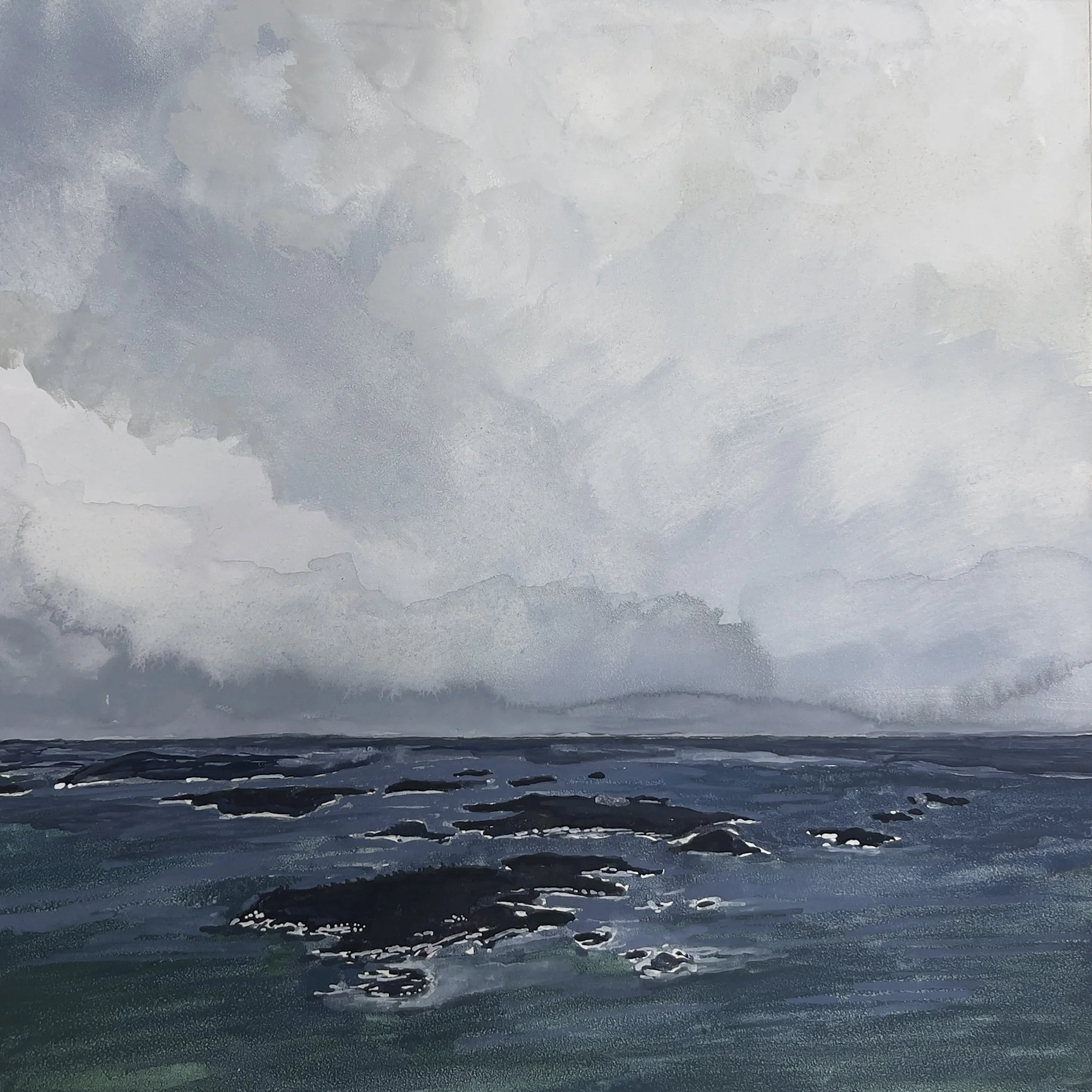 Over Casco Bay, March -  8" x 8" (gouache on panel) - $300