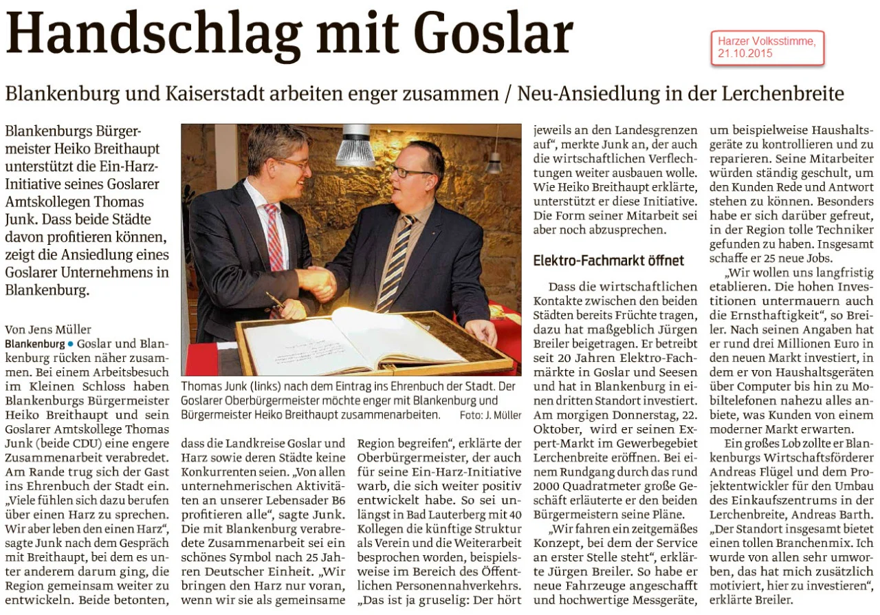 Die wirtschaftlichen Verflechtungen und Beziehungen im Harz interessieren sich weder für Kreis- noch für Landesgrenzen. Der Goslarer Unternehmer Jürgen Breiler (Expert) ist dafür ein gutes, gelungenes Beispiel. Betriebserweiterung von Expert über Goslar und Seesen jetzt auch nach Blankenburg.
