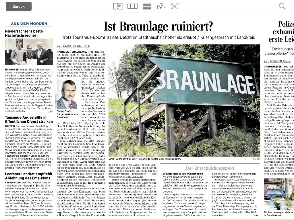 Quelle: HAZ vom 13.03.2015; Die Kommunalstrukturen in Süd- und Ostniedersachsen sind dringend zu überarbeiten. Das ist doch offenkundig und Braunlage macht es deutlich. Braunlage hat bereits Entschuldungshilfe von fast 16,2 Millionen EURO erhalten und ist schon wieder - oder immer noch - chronisch unterfinanziert. In Hannover hat man sich offenkundig auf ein Stillhalteabkommen geeinigt, es soll eine Enquete-Kommission zur Überarbeitung der Kommunalstrukturen eingesetzt werden. Und damit haben SPD und CDU ein komplexes Thema weggeräumt: Man muss ja jetzt vor den nächsten Landtagswahlen keine Entscheidungen mehr treffen und keine Verantwortung übernehmen. Und man redet weiter über Hilfe für Südniedersachsen, anstelle von konkreter Hilfe. Ich habe ein deutlich anderes Politikverständnis. Es herrschen keine Erkenntnisdefizite vor, sondern es bestehen Handlungsdefizite!