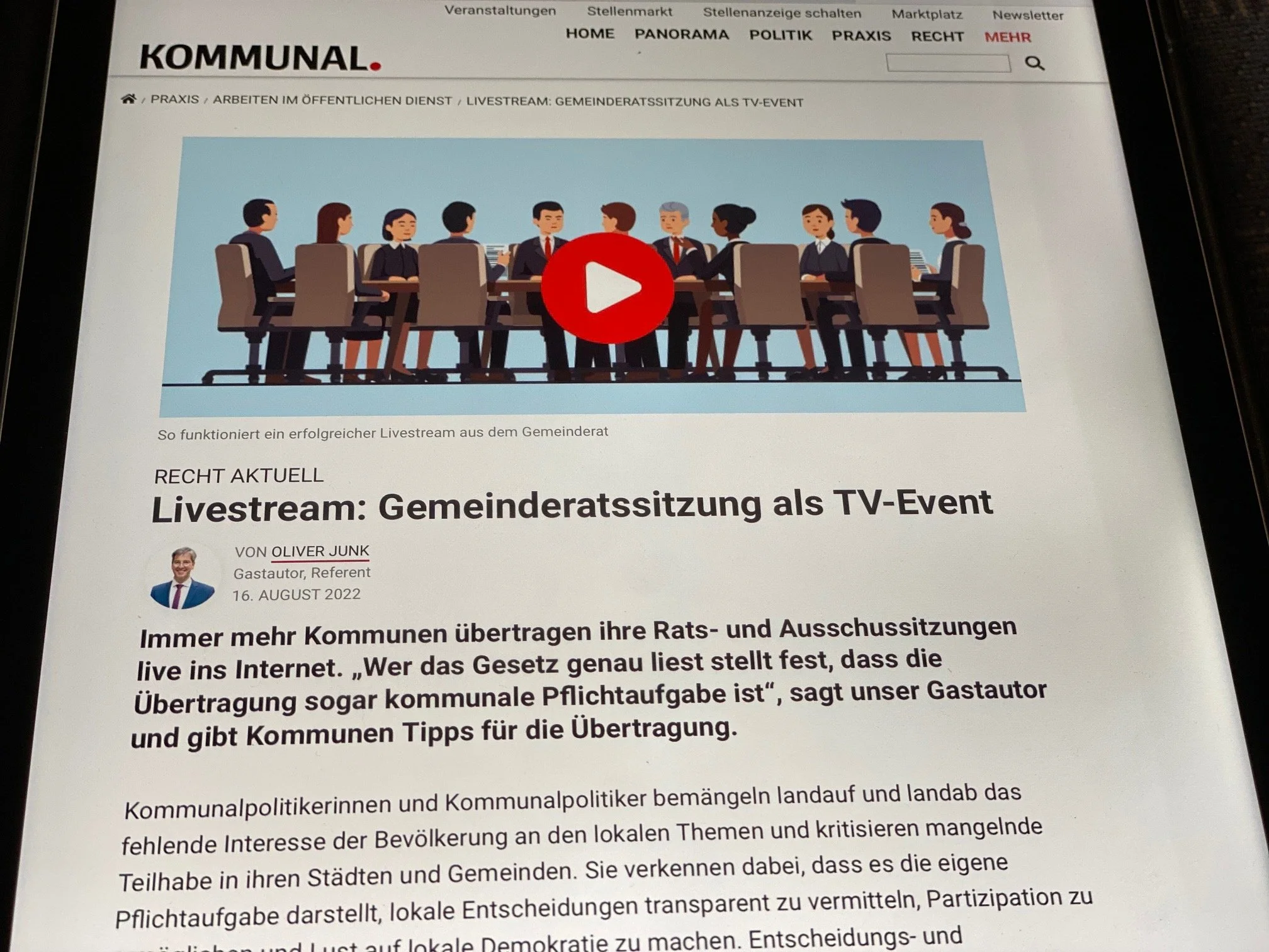 Beitrag in: KOMMUNAL.-ONLINE, Recht Aktuell, August 2002 "Livestream: Gemeinderatssitzung als TV-Event"