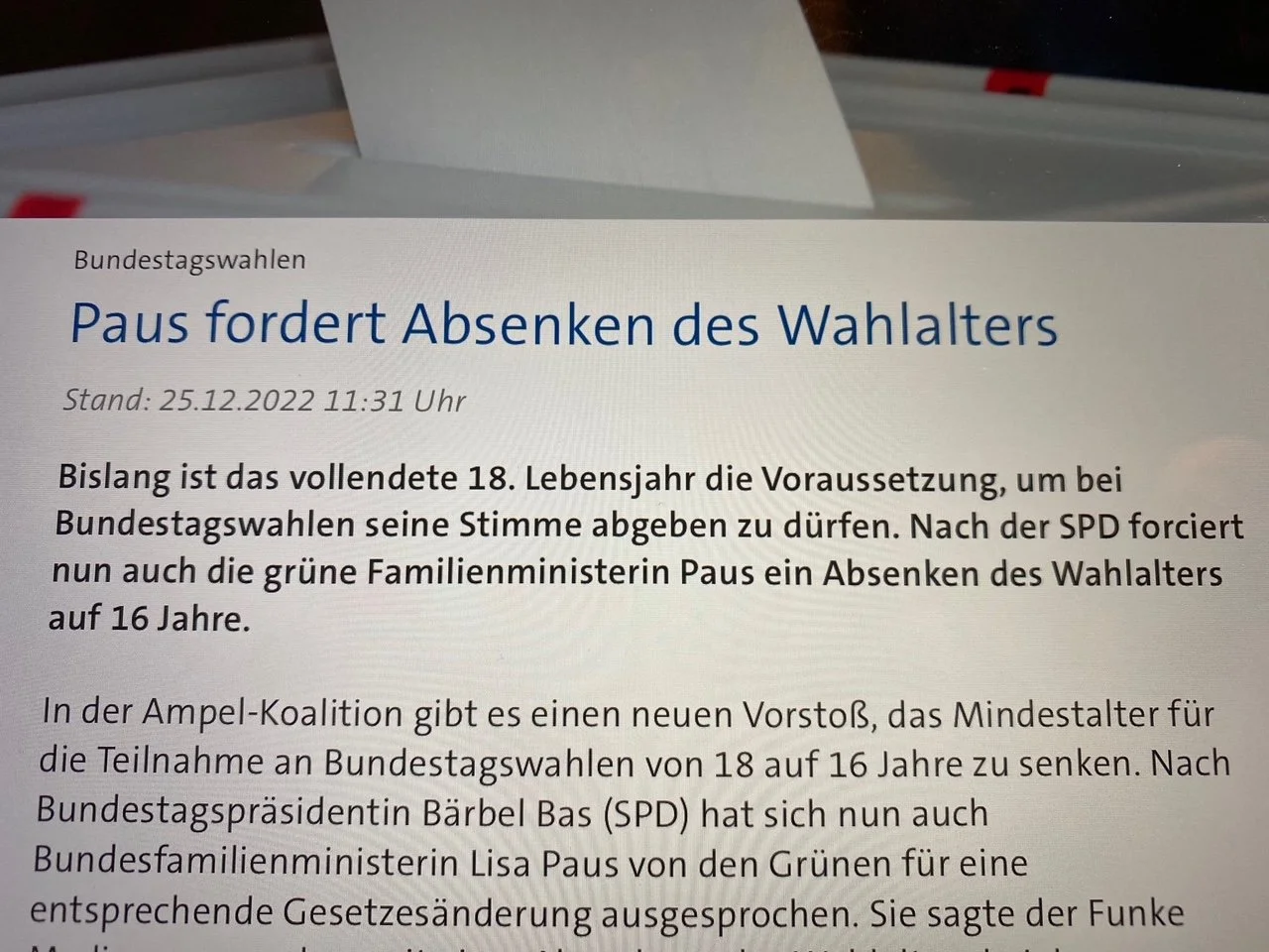 "Zwischenruf" zum Vorstoß der Ampel-Koalition zur Absenkung des Wahlalters