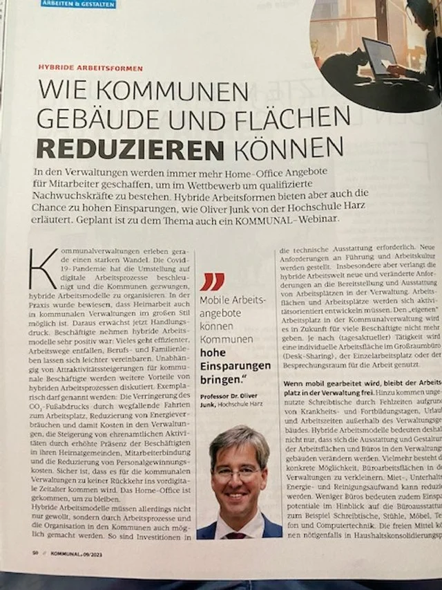 "Hybride Arbeitsformen: Wie Kommunen Gebäude und Flächen reduzieren können" (Beitrag in Kommunal. 09/2023)