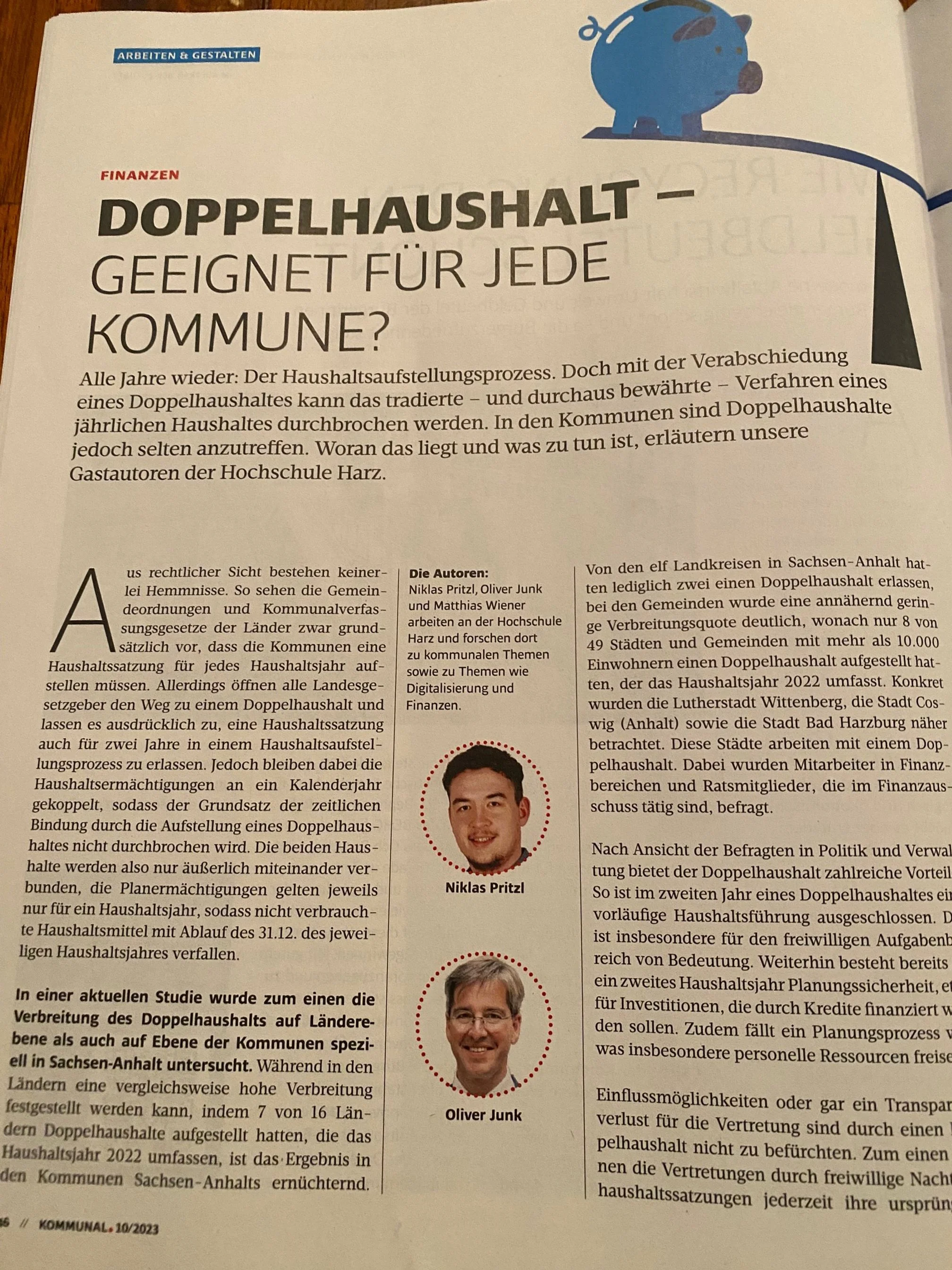 "Doppelhaushalt - Geeignet für jede Kommune?" (Beitrag in Kommunal. 10/2023, S. 46 f.)