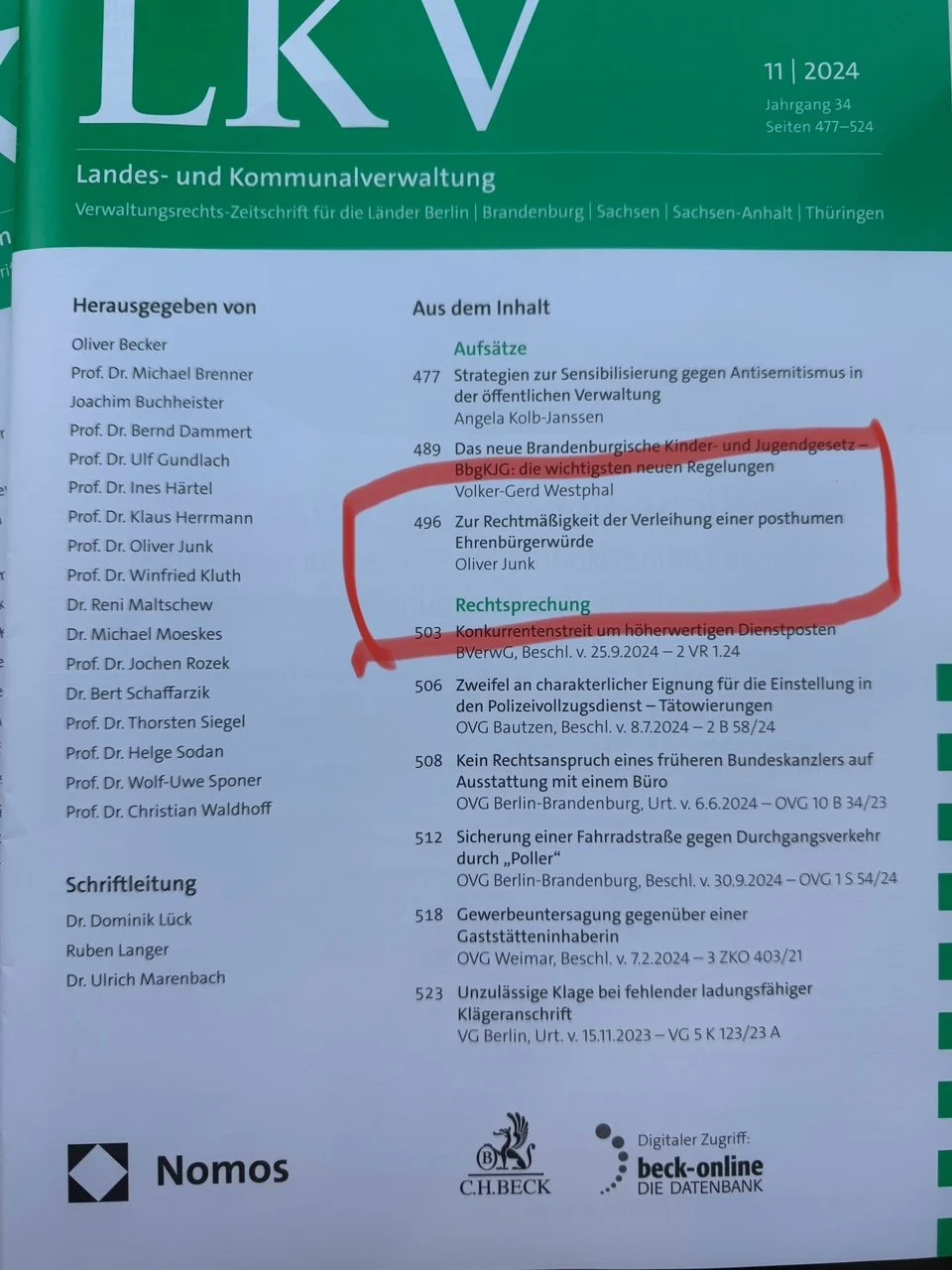 Beitrag in der LKV 11/2024: Zur Rechtmäßigkeit der Verleihung einer posthumen Ehrenbürgerwürde 