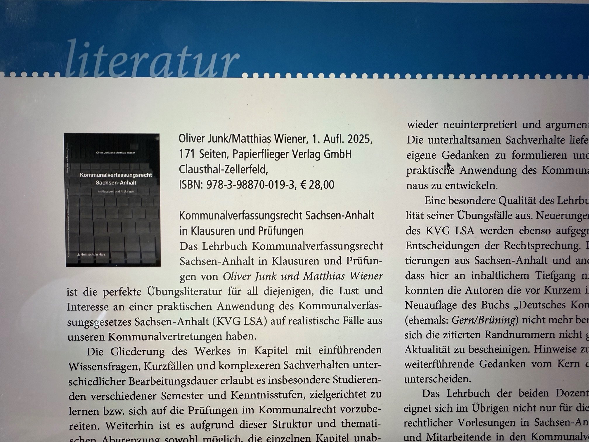 Rezension von Prof. Franz zum Buch "Kommunalverfassungsrecht Sachsen-Anhalt in Klausuren und Prüfungen"