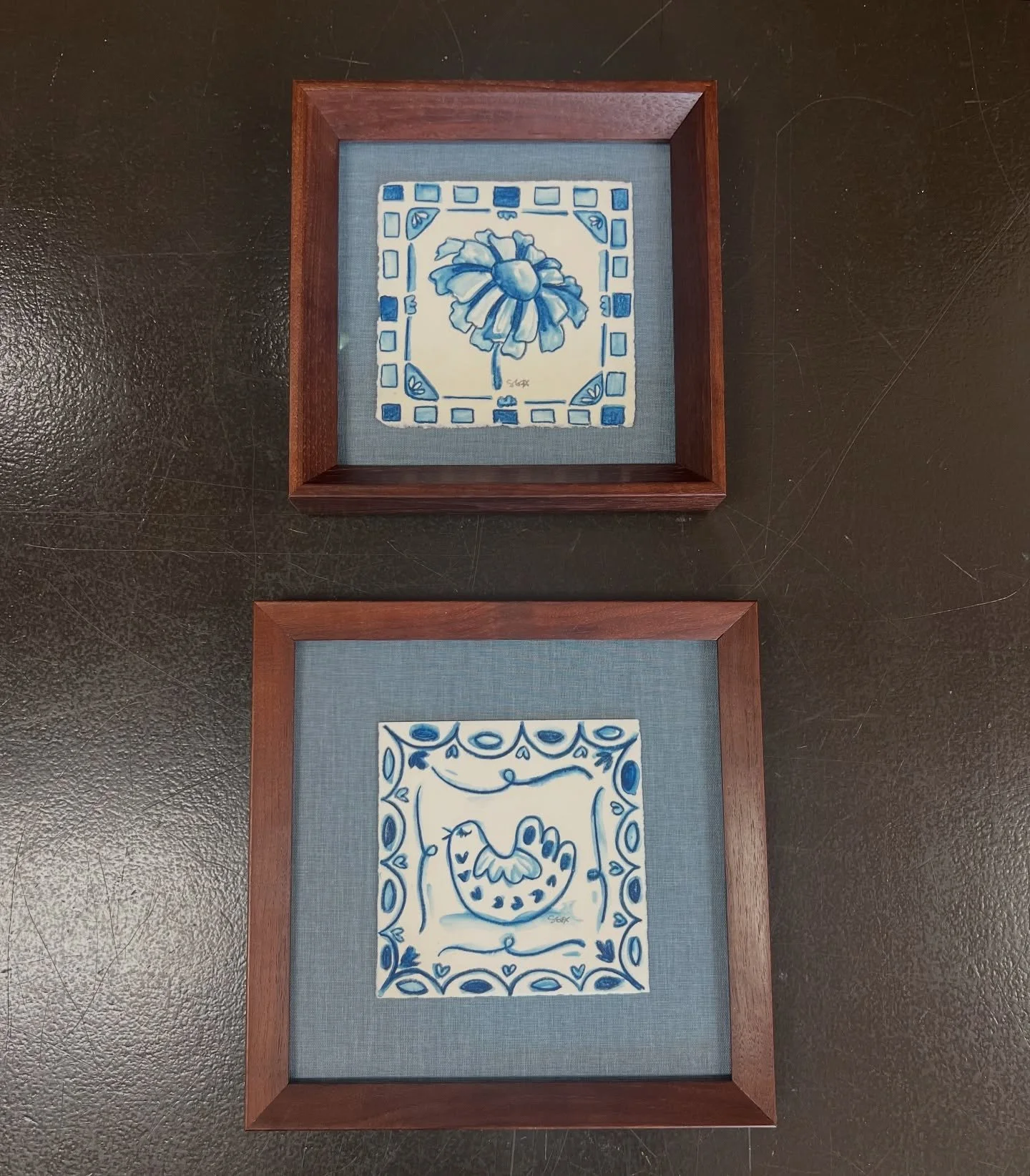 Sometimes you want to match but not be too matchy-matchy you know? 

These beautiful drawings were Sydney&rsquo;s wedding favors last year and I (Nicole) knew I wanted to frame them to hang together. I chose two different walnut profiles from the @la