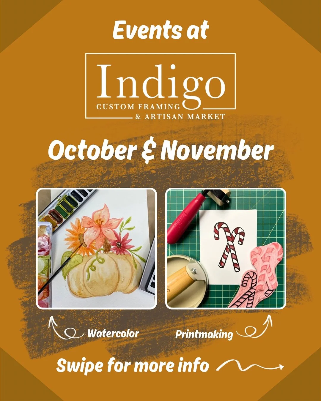 Can you believe it&rsquo;s already October?! We hardly can&rsquo;t, but we are so excited for all of the fun events we have coming up! Swipe to see our October and November events ahead! ✨🤎

#indigocustomframing #artisanmarket #workshops #makeandtak