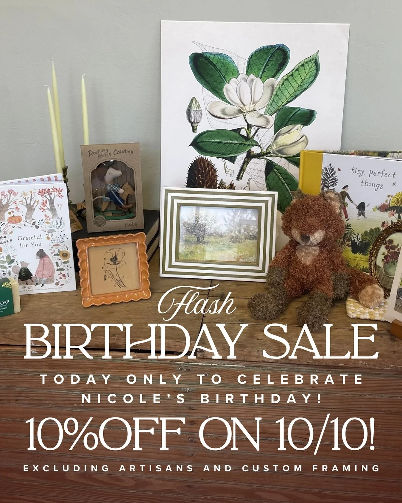 Happy birthday to @nicoledavenportstudio! Enjoy 10% off the entire store on 10/10! Woohoo! 🎉

Excludes artisans and custom framing.

#indigocustomframing #artisanmarket #flashsale #10percentoff #onedayonly