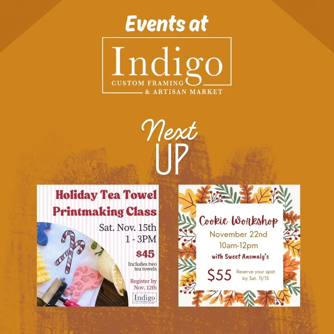 Next workshop opportunities look tasty!
Sign up today for our Holiday Tea Towel Printmaking class and the Cookie Workshop with @sweetanomalys!

See you there!
#indigocustomframing #artisanmarket #workshops #andersonsc #downtownanderson