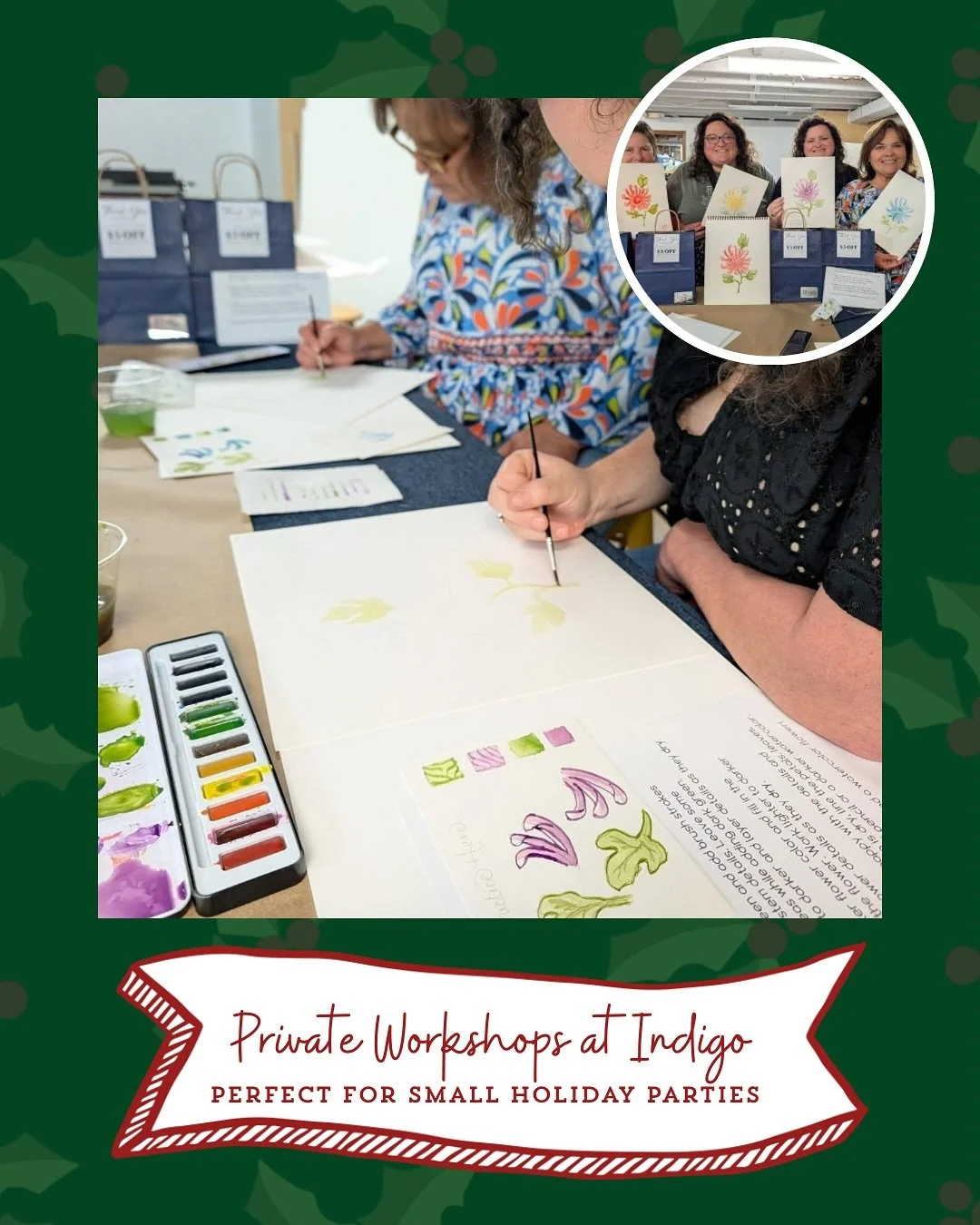 This holiday season would be the perfect chance to gather with friends and family, get creative, and join us for a private class! We offer private classes in mixed media, painting, and printmaking. All workshops are great for groups of 4-6 people, an