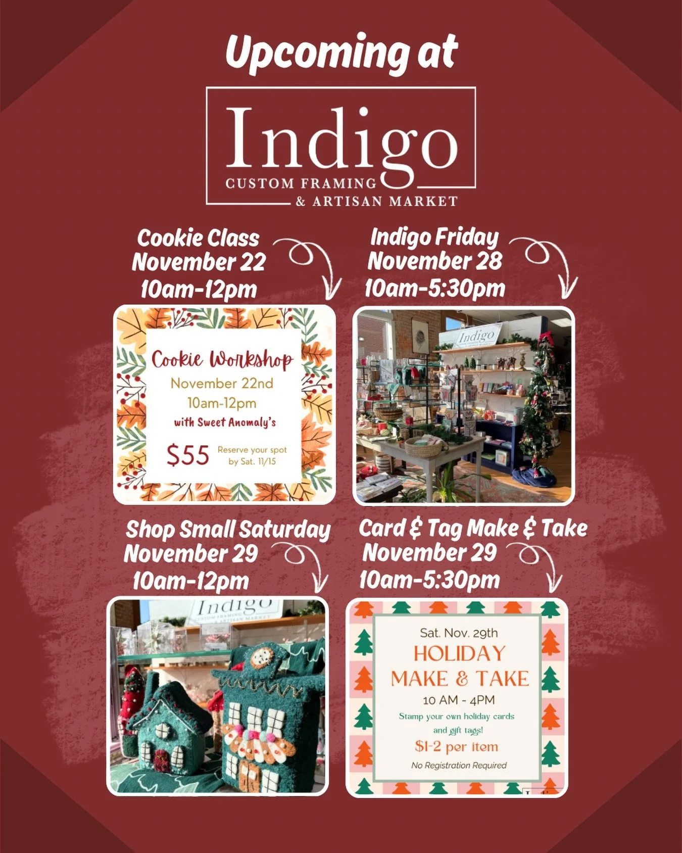 Up next at Indigo:
Cookie Class with @sweetanomalys
Indigo Friday &amp; Shop Small Saturday
Card &amp; Gift Tag Make &amp; Take

Shout out in the comments if you&rsquo;re planning to be at any of these upcoming events!

#indigocustomframing #artisanm