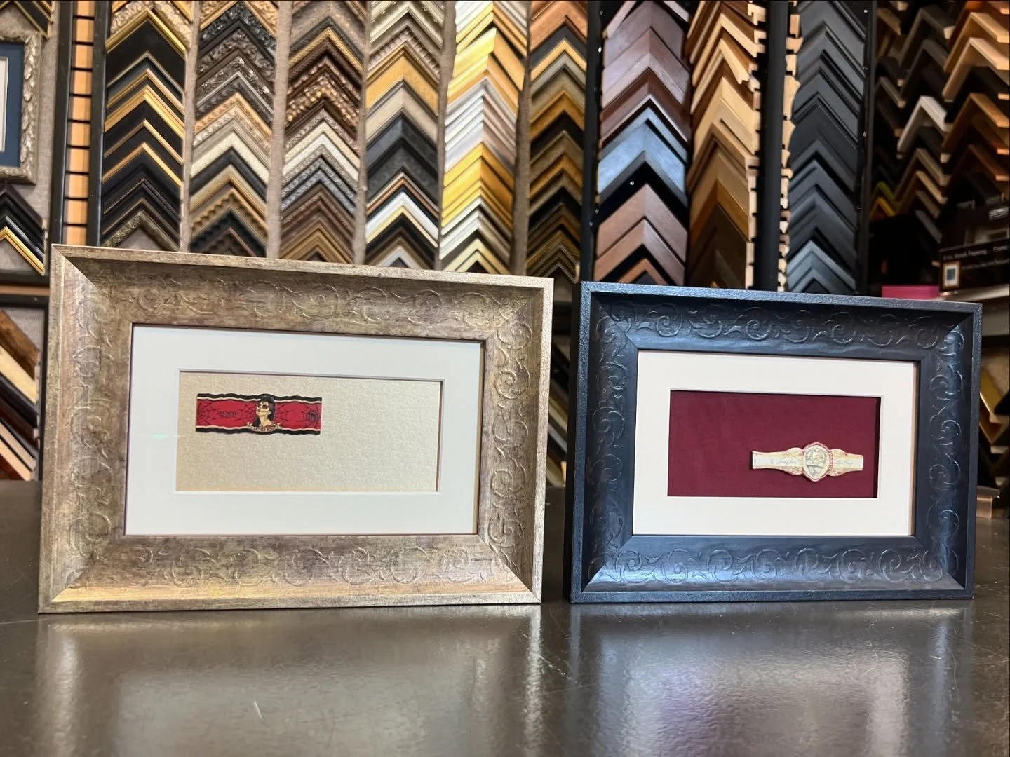 We love a unique framing idea! This one is by our very own @sydney.creates 
She wanted to frame the cigar bands she and her husband enjoyed at their wedding reception in a his and hers framing style. Each frame stylistically speaks to each of them wh