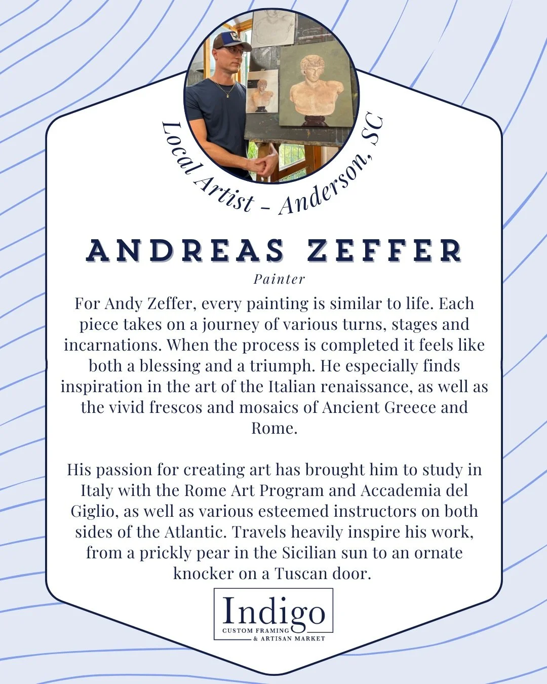 Everyone say hello to our newest Indigo artist, Andreas &ldquo;Andy&rdquo; Zeffer! We&rsquo;re so excited to have Andy&rsquo;s gorgeous oil paintings on our walls and can&rsquo;t wait for you to see these stunning beauties in person! 

#LocalArt #Sho