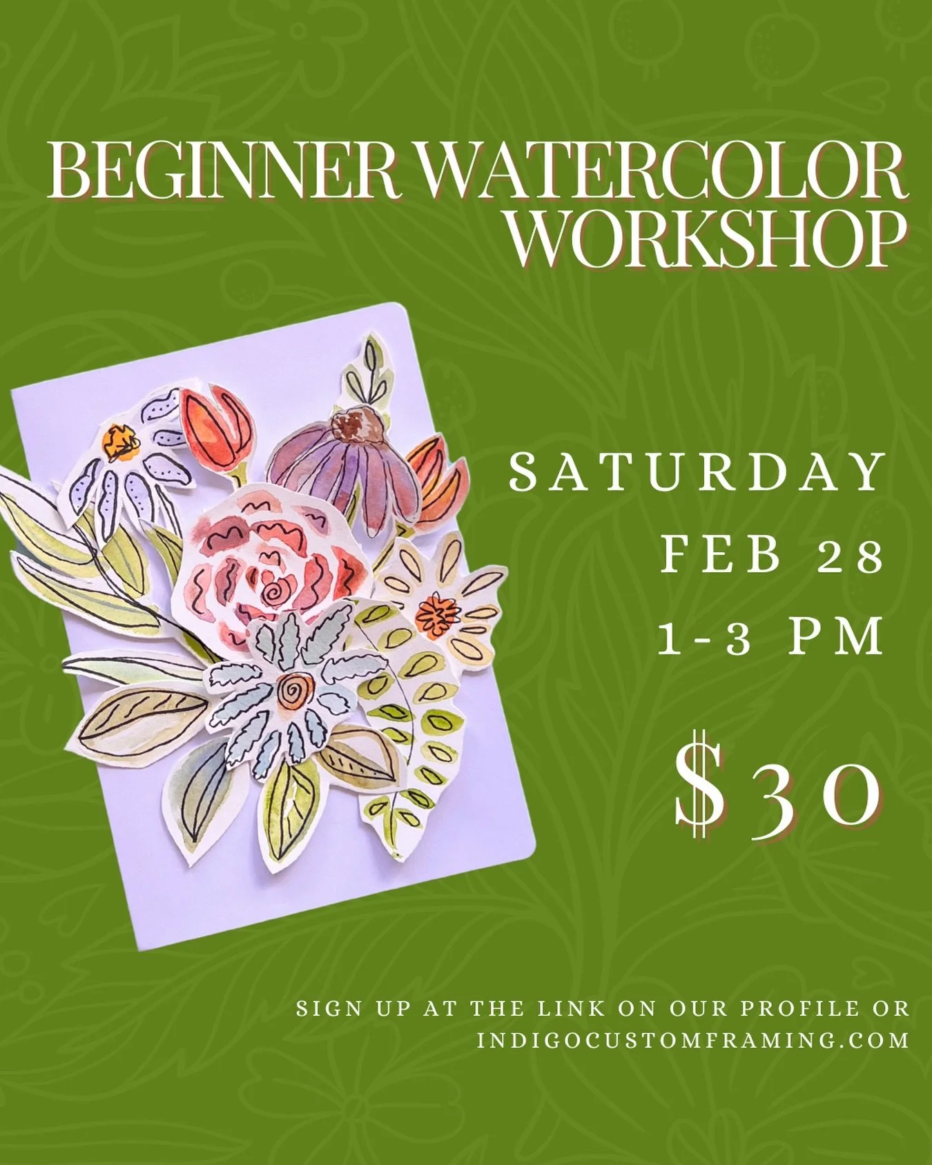 Our first watercolor class of the year is happening on Saturday, February 28th! We&rsquo;ll make lovely watercolor bouquet cards perfect for Easter or Mother&rsquo;s Day and there is absolutely no previous experience required. See you there?
