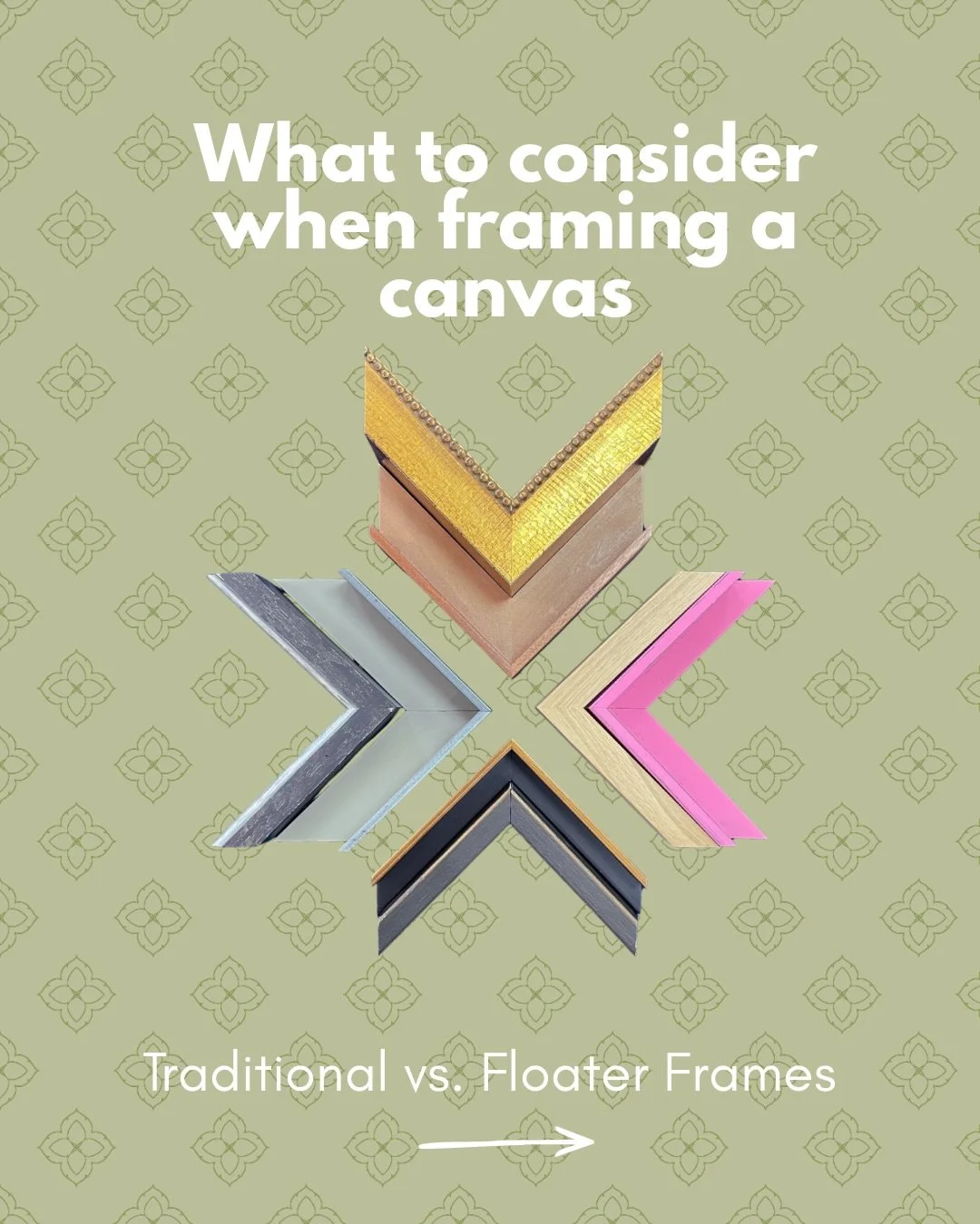 There are so many options available to frame a canvas, and we&rsquo;re here to help! Canvases can be framed in traditional frames or floater frames. Swipe through to see how we chose frames for some of the works on canvas from around the shop. Which 