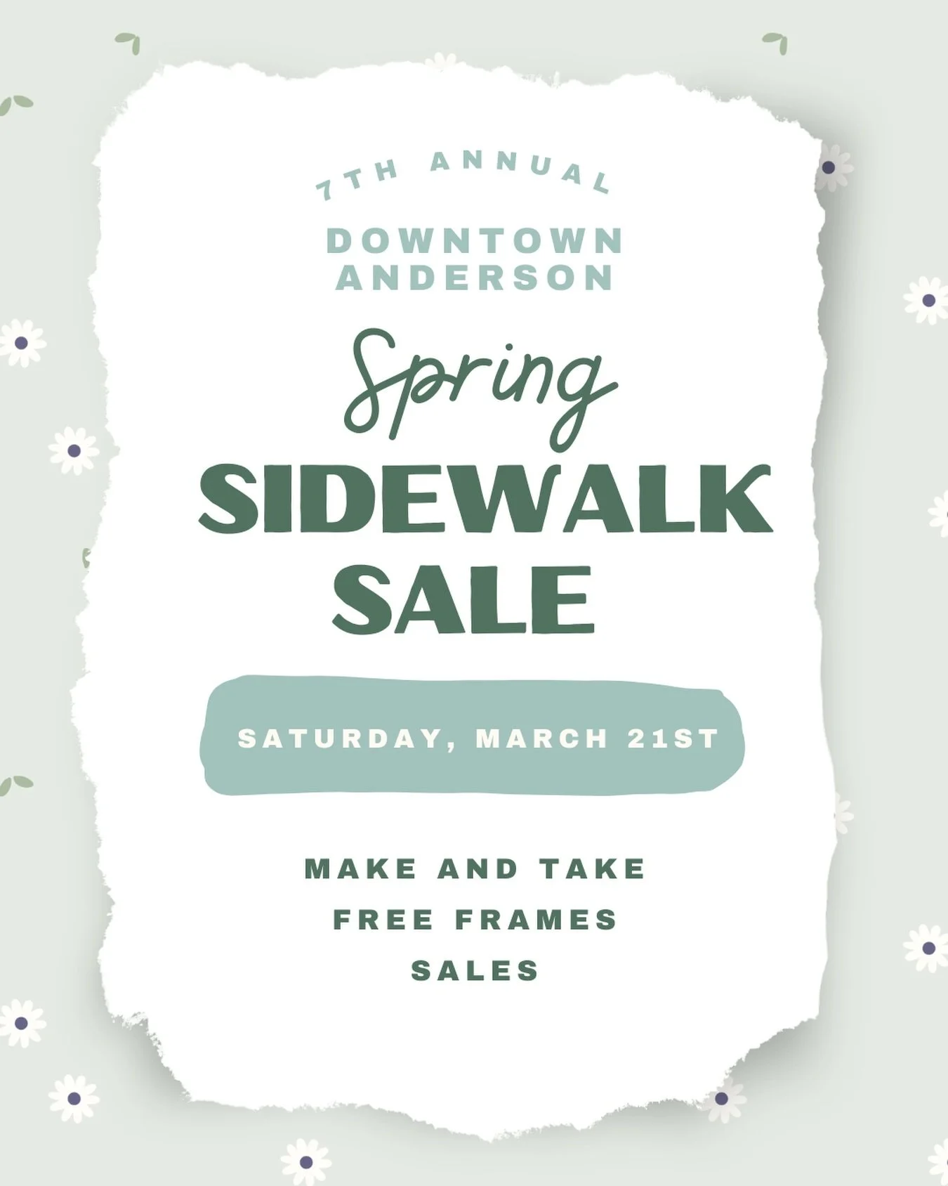 Save the date for our 7th Annual Downtown Anderson Sidewalk sale! We&rsquo;ll have free frames, a make and take, and deals throughout the store! Stay tuned to all of your favorite downtown spots to see what everyone has going on. There are so many fu