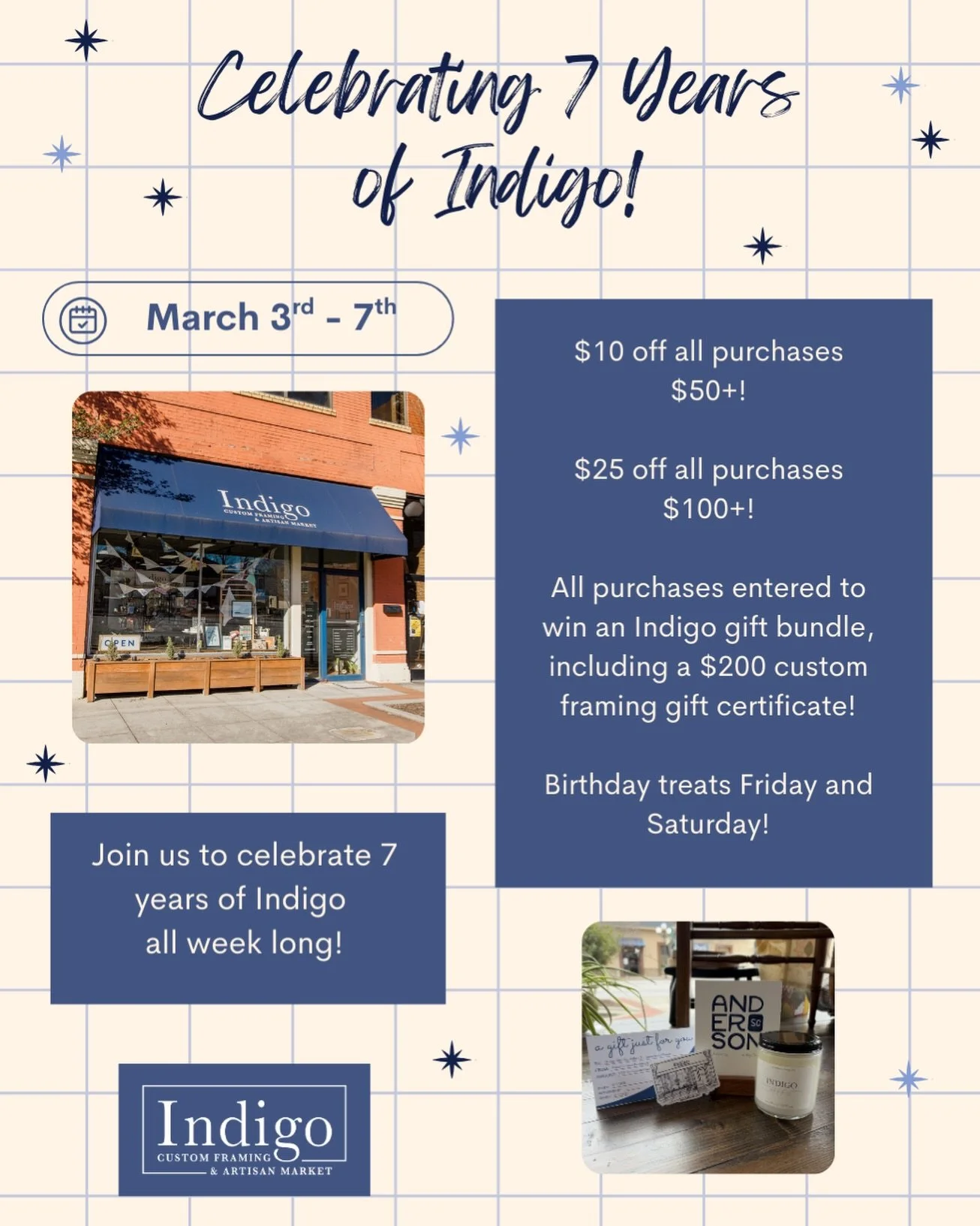 Celebrating 7 Years of Indigo!

Join us all week long as we celebrate Indigo&rsquo;s 7th birthday! We are so grateful to each and everyone of our customers for letting us live out our dreams and we wouldn&rsquo;t be here without you! 

As a special t