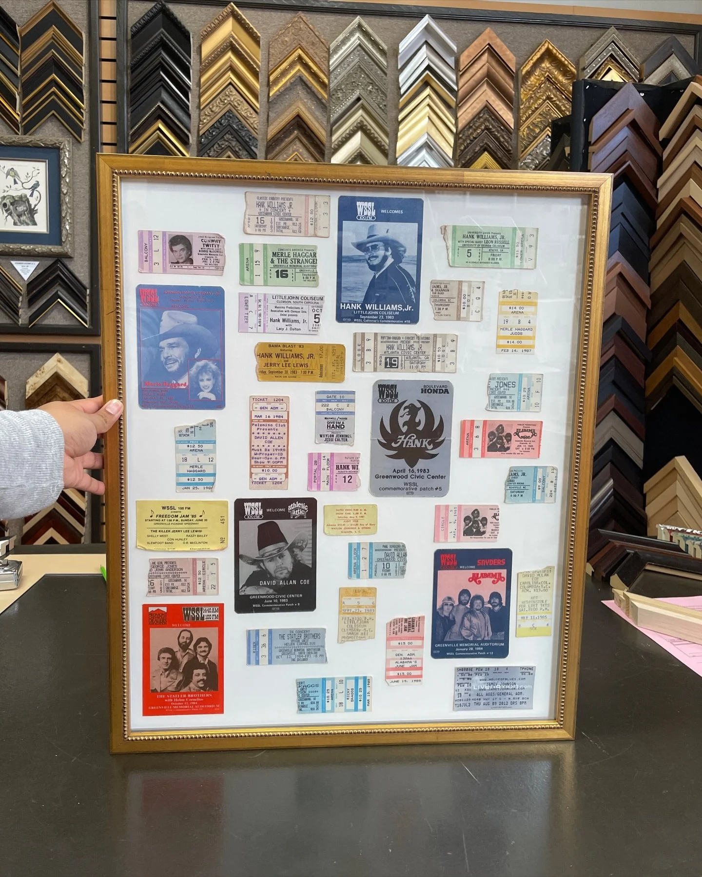 What a collection! 🎟️🎶

We had so much fun framing this collection of concert tickets and patches and we love hearing the stories you share when you bring your treasures to be framed! 

#customframing #countrymusic #downtownandersonsc