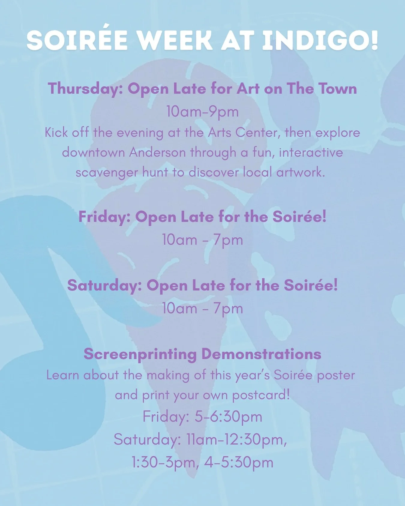 The Sori&eacute;e countdown is on! Join us this week for special late hours Thursday to kick off Art on the Town with @anderson_arts_center and Friday and Saturday for @downtownanderson Soir&eacute;e!

#downtownandersonsc #letssoiree #soiree2026