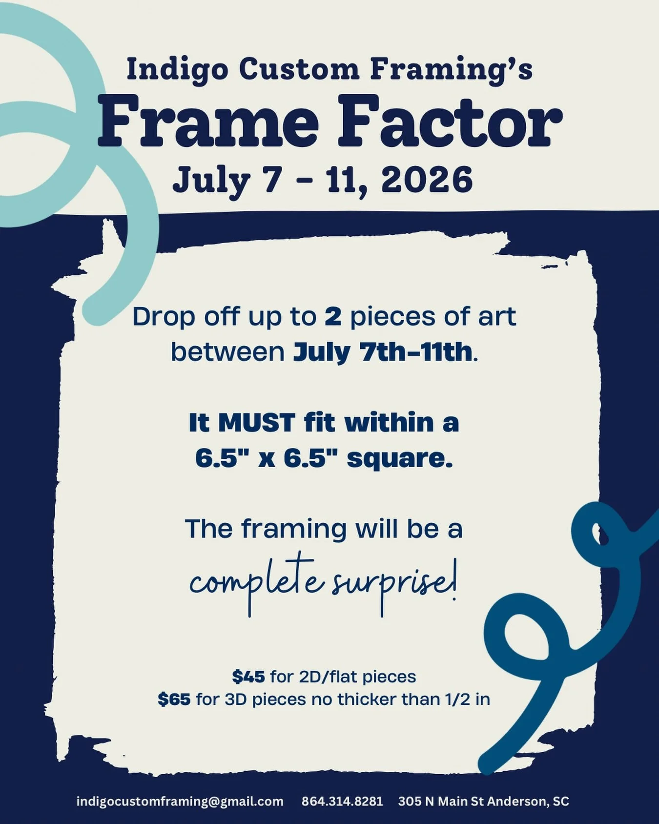 Save the date! Our favorite tiny framing special is coming back July 7th-11th this year! 

Bring in up to two of your small treasures, tell us a little about your style preferences, and we&rsquo;ll do the rest. You pay one flat rate and we get creati