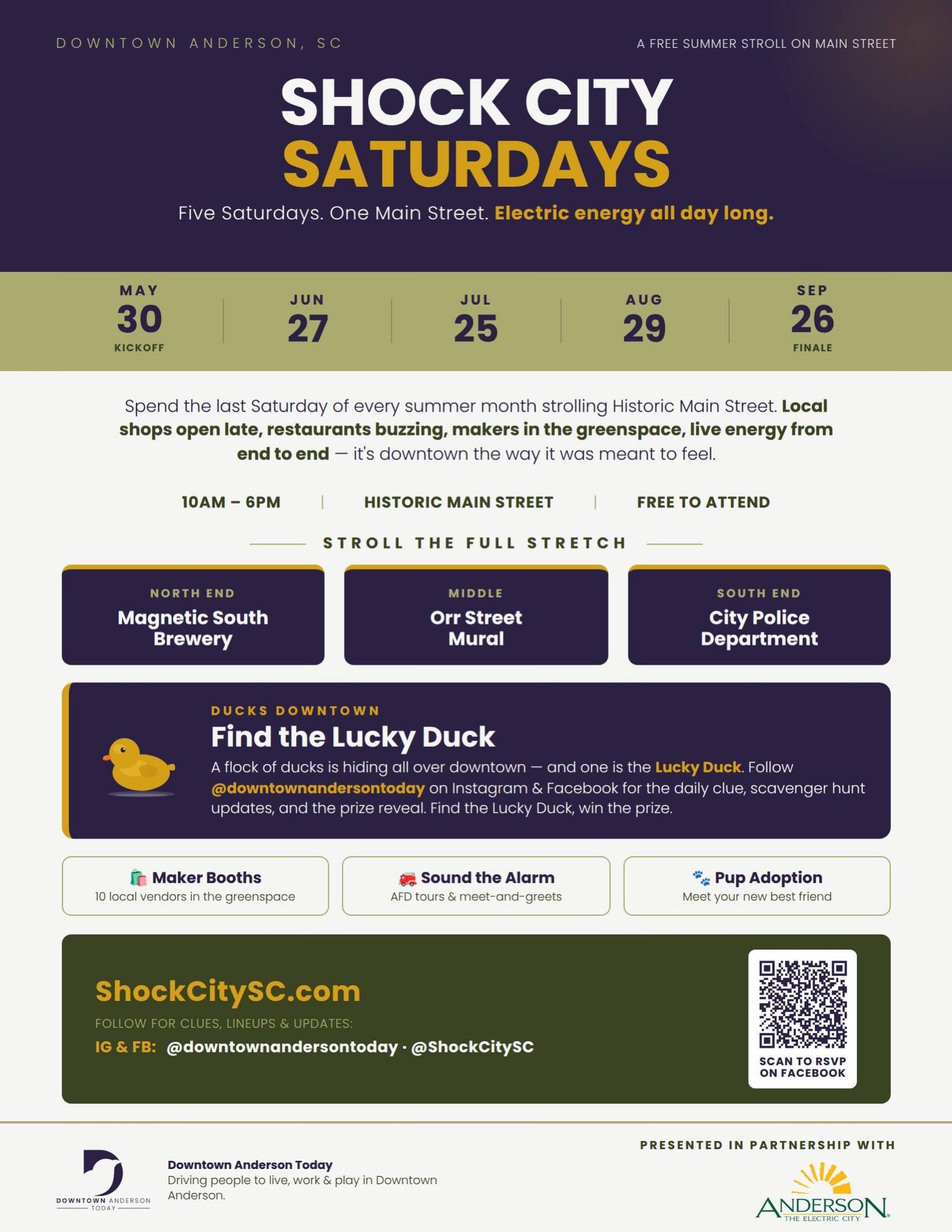 On the last Saturday of every summer month, Main Street in Downtown Anderson transforms into a strolling, sipping, snacking, music-filled celebration of everything that makes this city ours! 

We can&rsquo;t wait to see you there! @downtownandersonto