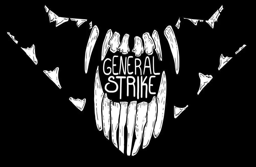 A large canine set of teeth, the black space between the jaws reads GENERAL STRIKE