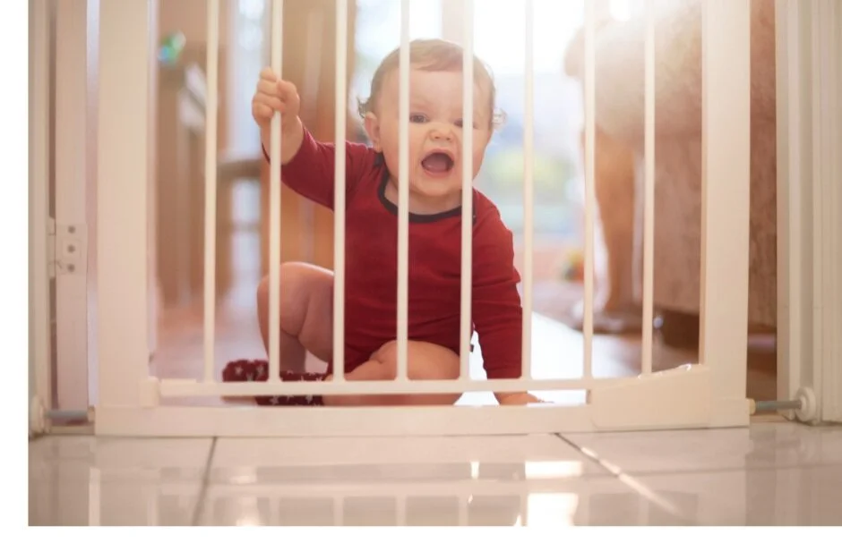 A baby sits behind a safety gate. A postpartum doula St. Louis can help with babyproofing tips.