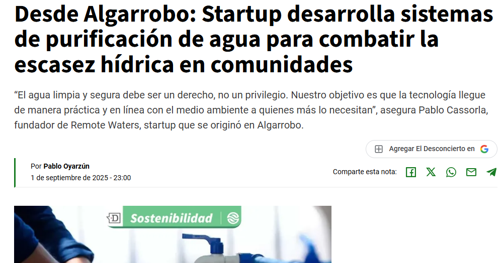 Desde Algarrobo: Startup desarrolla sistemas de purificación de agua para combatir la escasez hídrica en comunidades