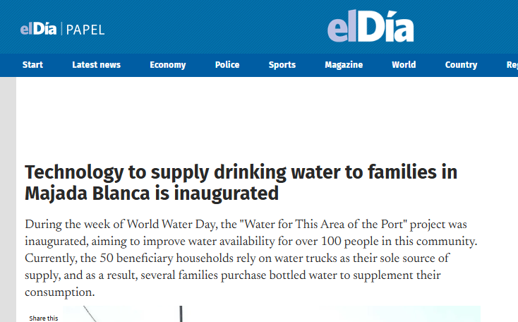 Technology to supply drinking water to families in Majada Blanca is inaugurated