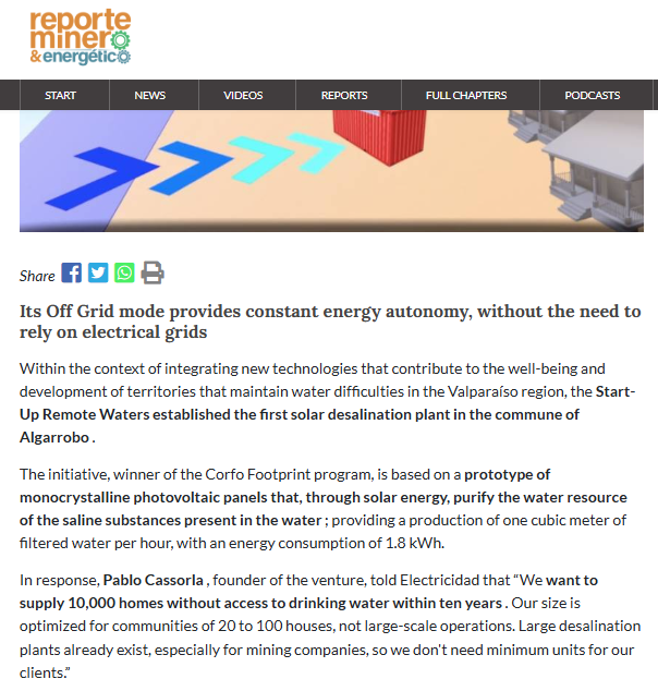 First prototype of solar desalination plant installed in the Valparaíso region