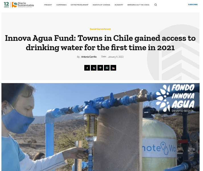 Innova Agua Fund: Towns in Chile gained access to drinking water for the first time in 2021