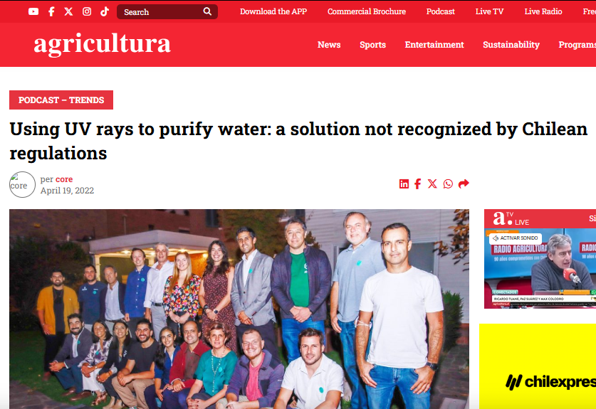 Using UV rays to purify water: a solution not recognized by Chilean regulations