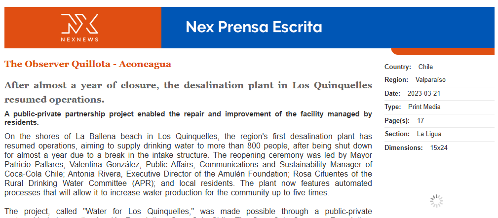 After almost a year of closure, the desalination plant in Los Quinquelles resumed operations.