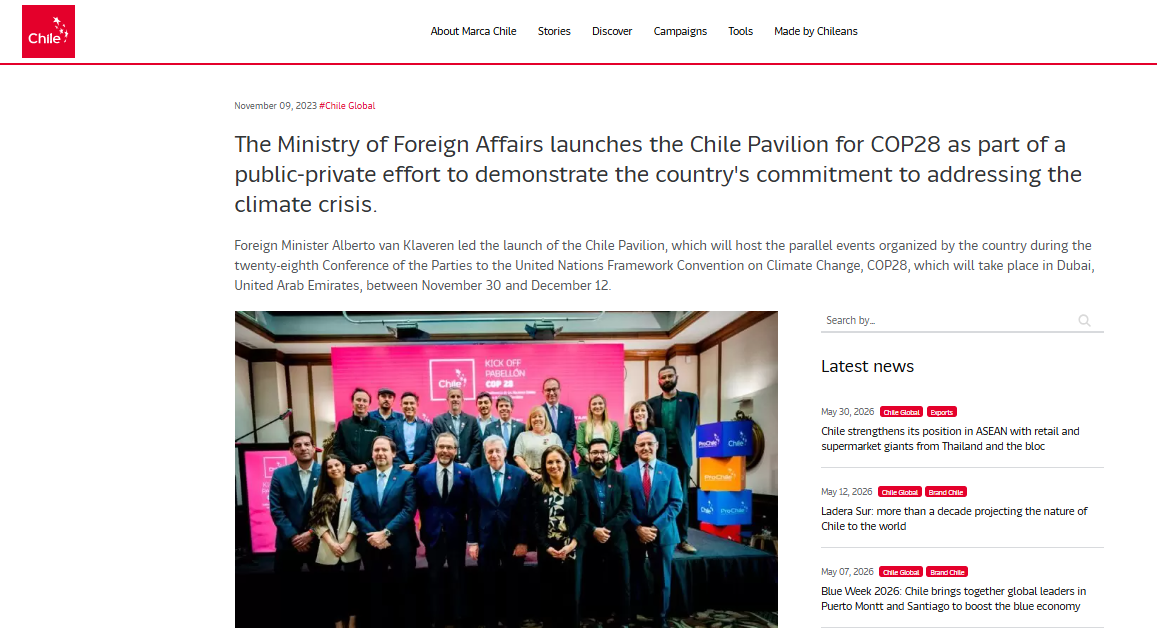 The Ministry of Foreign Affairs launches the Chile Pavilion for COP28 as part of a public-private effort to demonstrate the country's commitment to addressing the climate crisis.