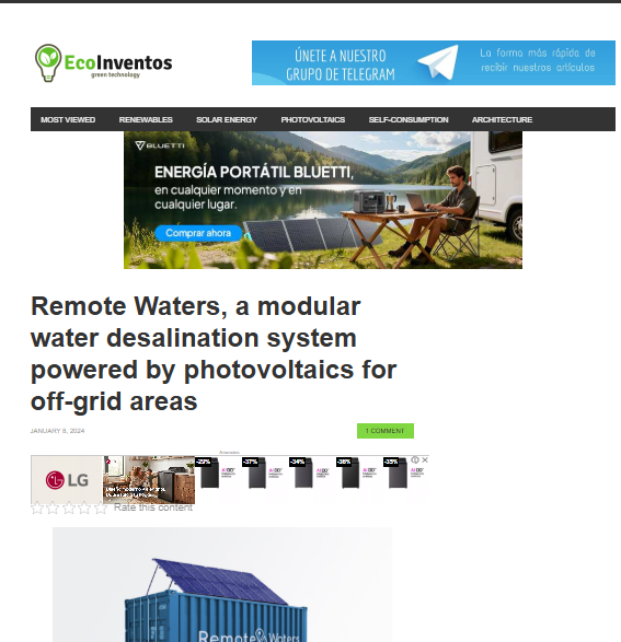 Remote Waters, a modular water desalination system powered by photovoltaics for off-grid areas